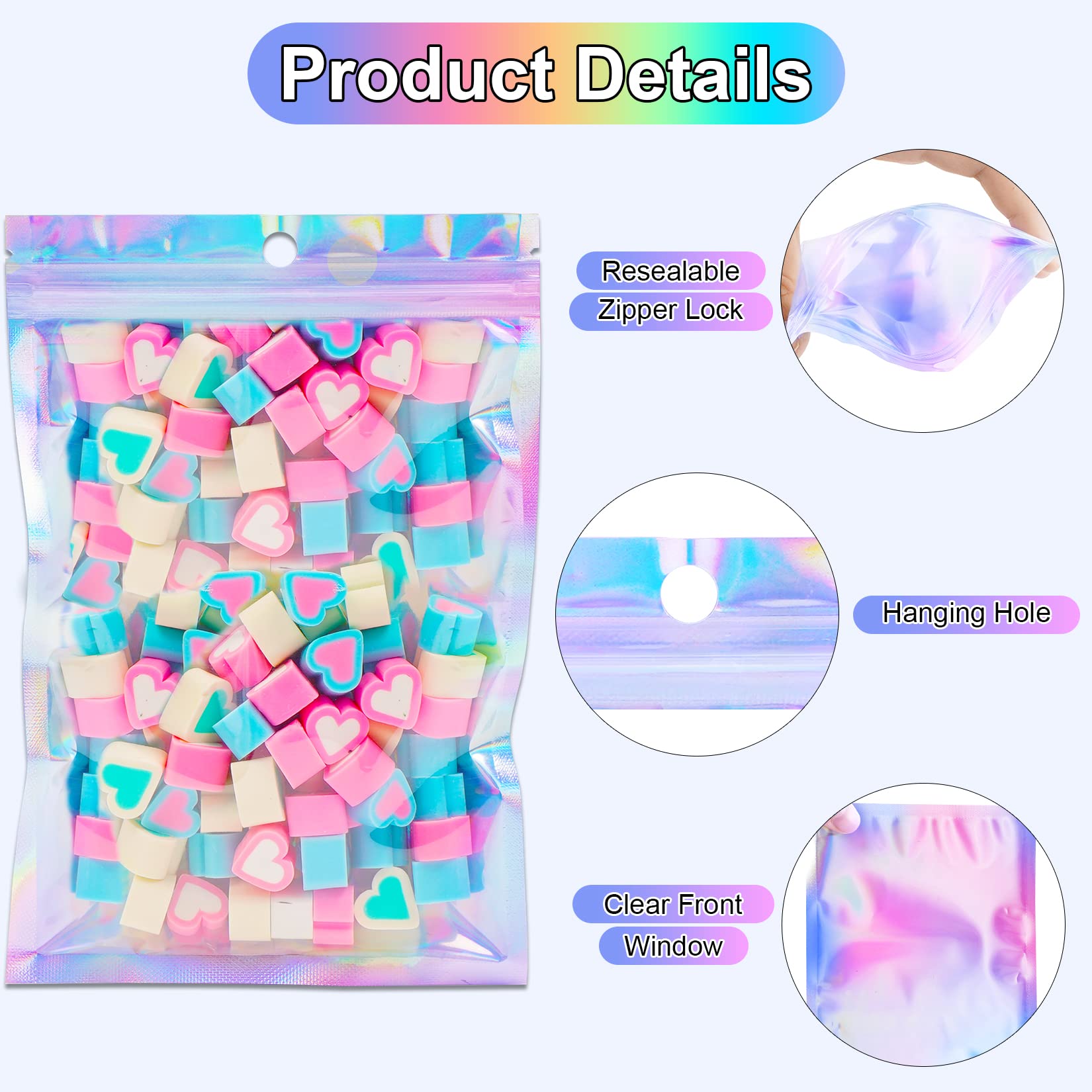 150 Pack 5x7 Inches Holographic Resealable Smell Proof Bags - Premium Food Storage & Jewelry Packaging for Small Business - Ideal for Candy, Snacks, Small Items & Retail Display