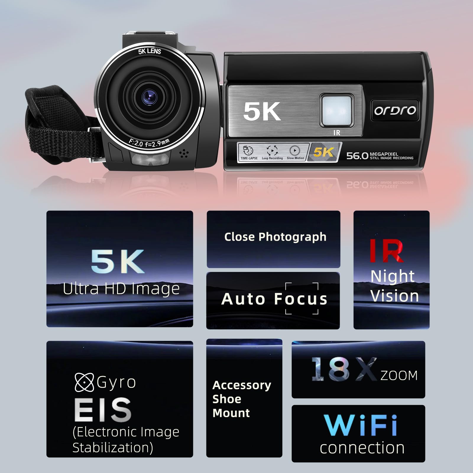 ORDRO AE20 5K Video Camera Camcorder - 95° Wide Angle, WDR Mode, EIS Stabilization, 1080P Full HD IR Night Vision - YouTube Vlogging Camera with Remote & 2 Batteries - Perfect for Travel Vlogging, Home Movies, and Outdoor Adventures