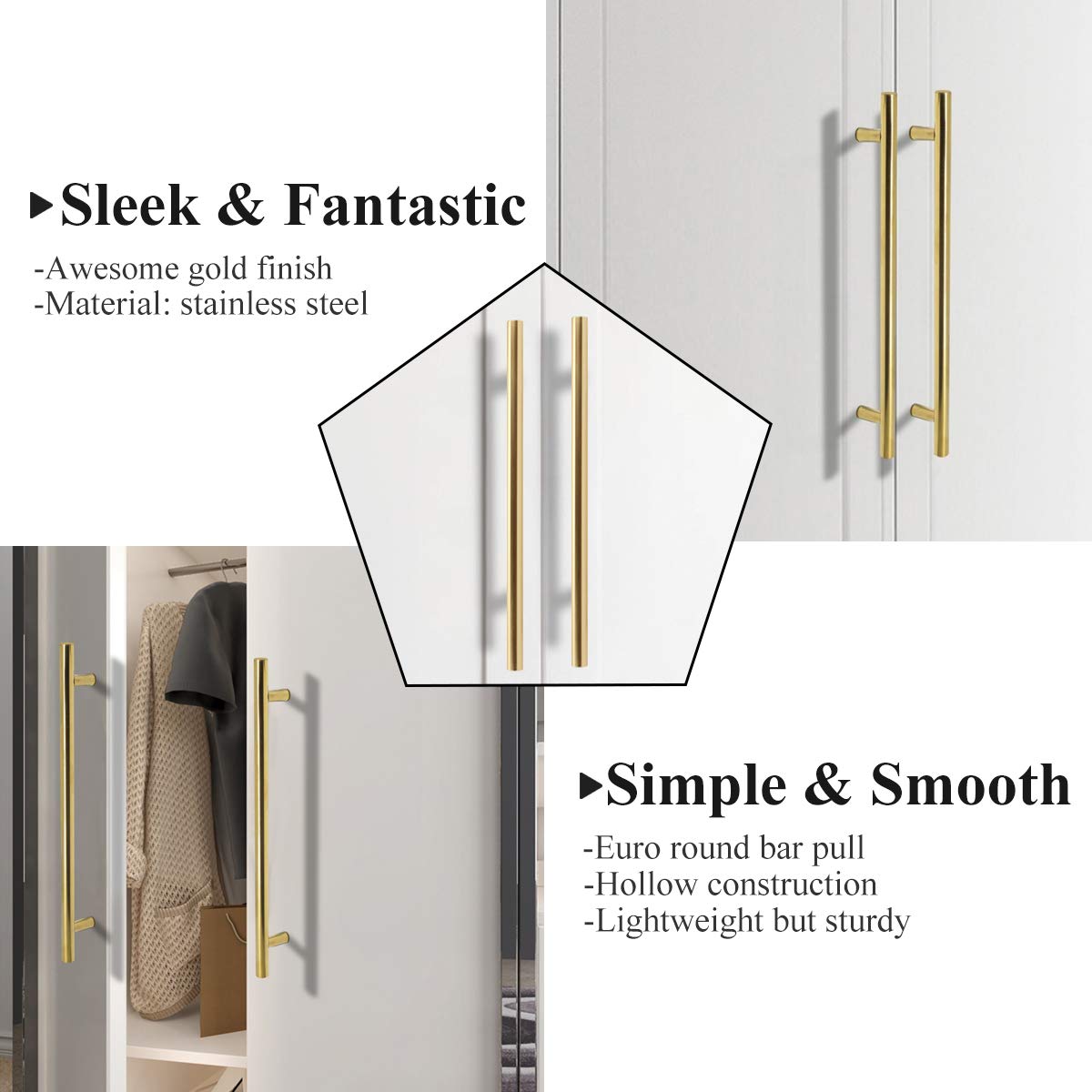 Probrico 10 Pack Gold Modern Round T Bar Cabinet Pulls - 8-4/5 Inch Hole Centers, Stainless Steel Drawer Handles for Kitchen Cabinets, Dressers & Bathroom Vanities