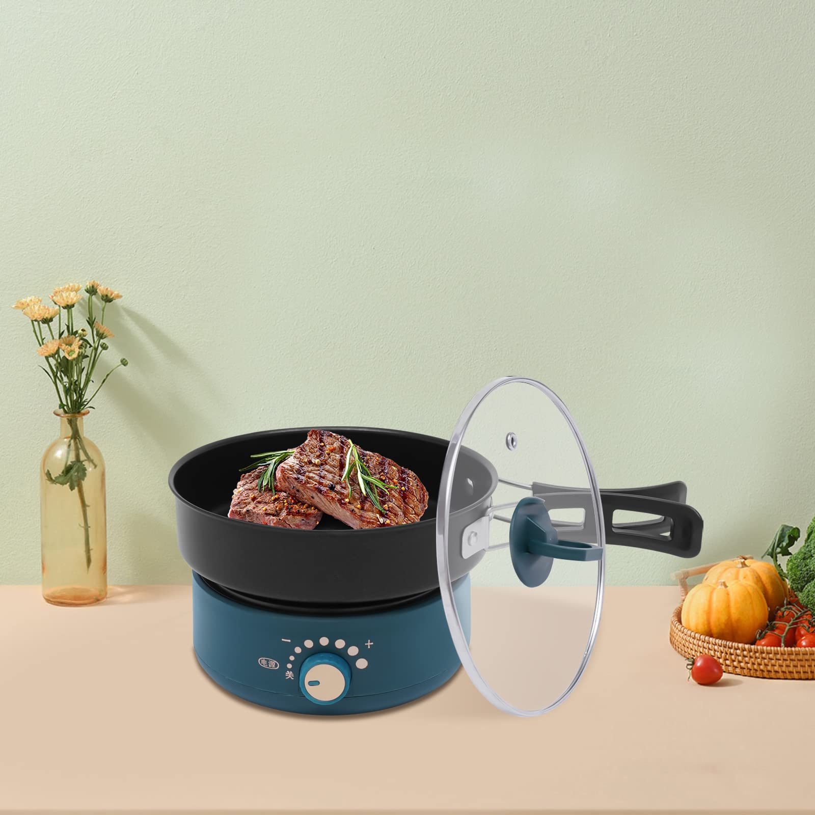 LYNICESHOP 110V Electric Hot Pot Cooker with Steamer - Portable Mini Travel Non-Stick Electric Skillet for Ramen, Pasta, Soup & More - Perfect for Dorms, Camping & Small Kitchens (Green)