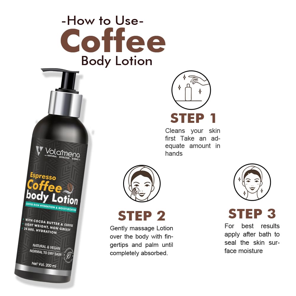 Volamena Coffee Body Lotion with Shea Butter, Cocoa Butter & Vitamin E - Deep Moisturizing & Soothing Skin Care for Dry Skin - 6.7 fl oz (200ml) - Perfect for Daily Hydration & Post-Shave Relief