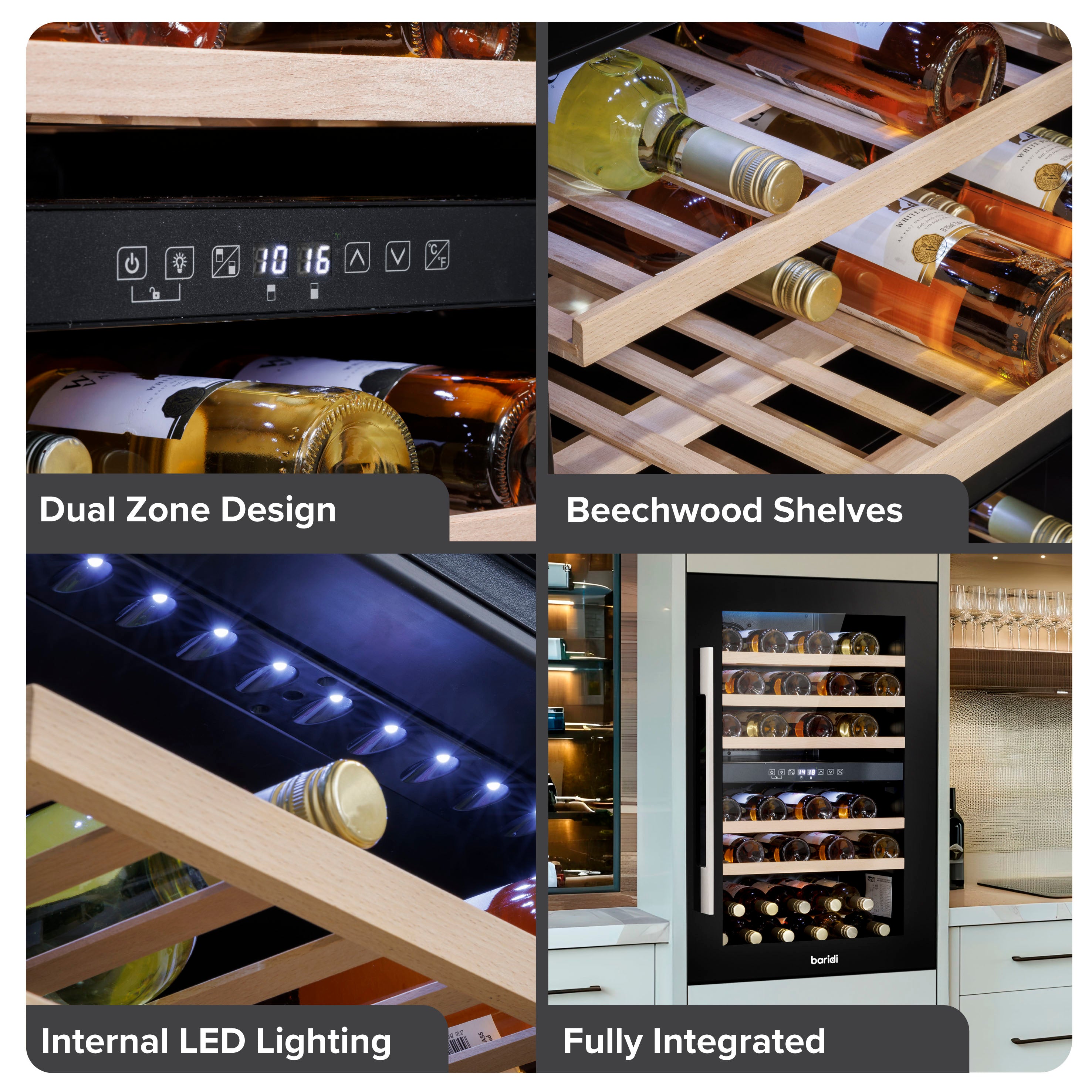 Baridi 60cm Built-In 57 Bottle Dual Zone Wine Cooler with Beech Wood Shelves - Black (DH118) | Perfect for Home Bars, Restaurants & Wine Cellars | Energy Efficient Wine Refrigerator for Red & White Wines