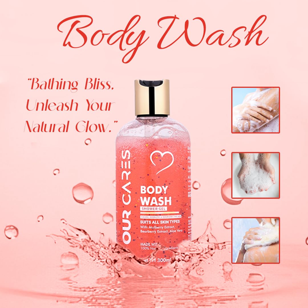 OURCARES Moisturizing Body Wash & Shower Gel - Sulfate Free, Paraben Free | Foaming Cleanser for Softer & Smoother Skin | Face, Body & Hair Wash (300ml) | Ideal for Daily Shower, Spa & Travel Use - For Men & Women