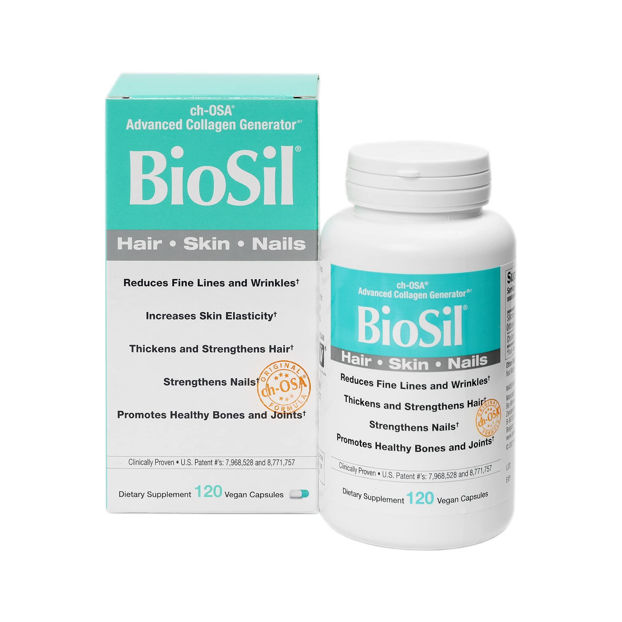 BioSil 120 Vegan Capsules with Patented ch-OSA Complex - Boost Collagen for Hair, Skin & Nails - GMO Free Supplement - 120 Servings - Perfect for Anti-Aging & Beauty Routine
