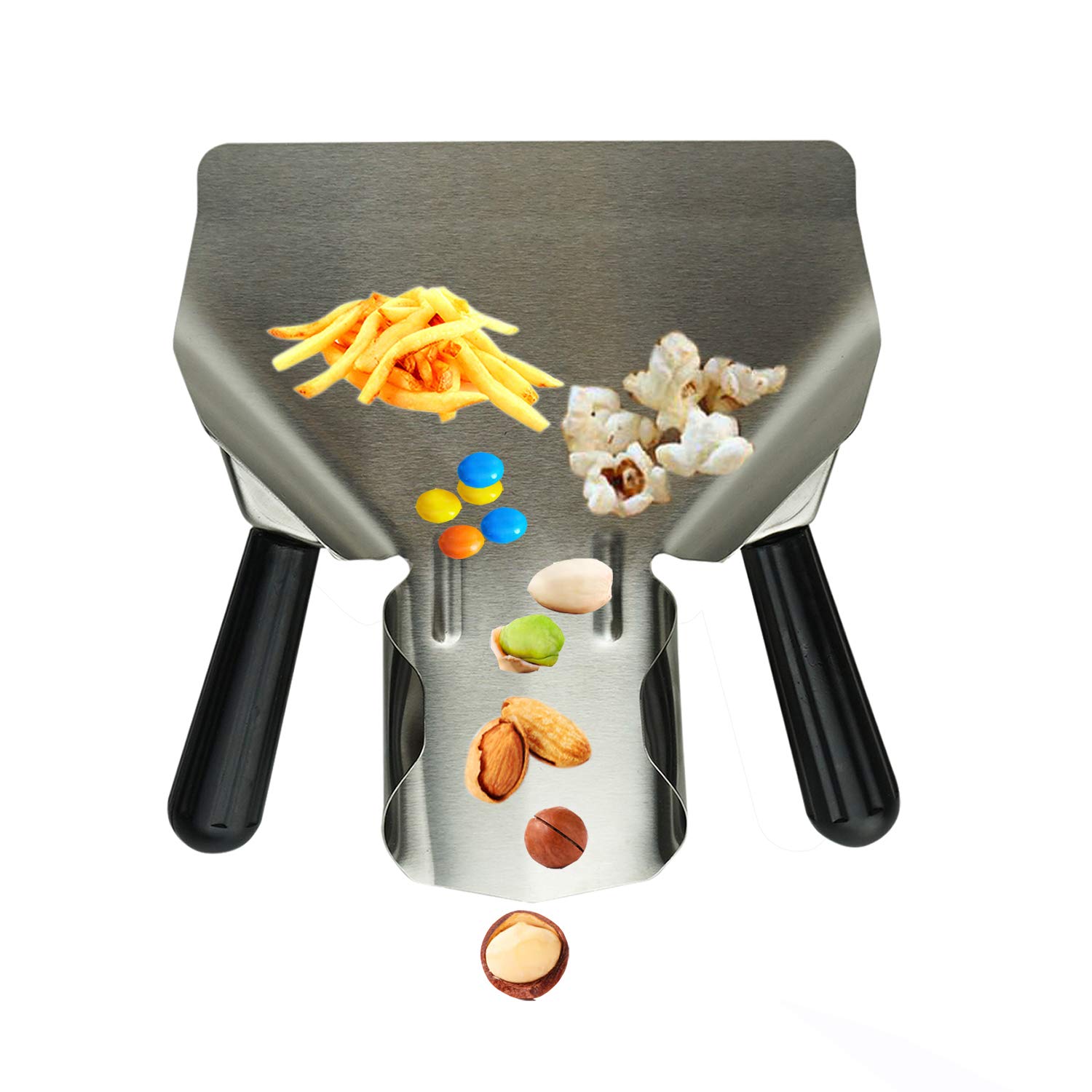 Premium Stainless Steel French Fry Bagger & Commercial Popcorn Scoop - Heavy Duty Potato Chip Serving Scooper with Removable Dual Handle (Left & Right) - Perfect for Snacks, Ice Cream, Candy, Desserts & Bulk Dry Goods - Ideal for Movie Theaters, Concession Stands & Food Service Businesses