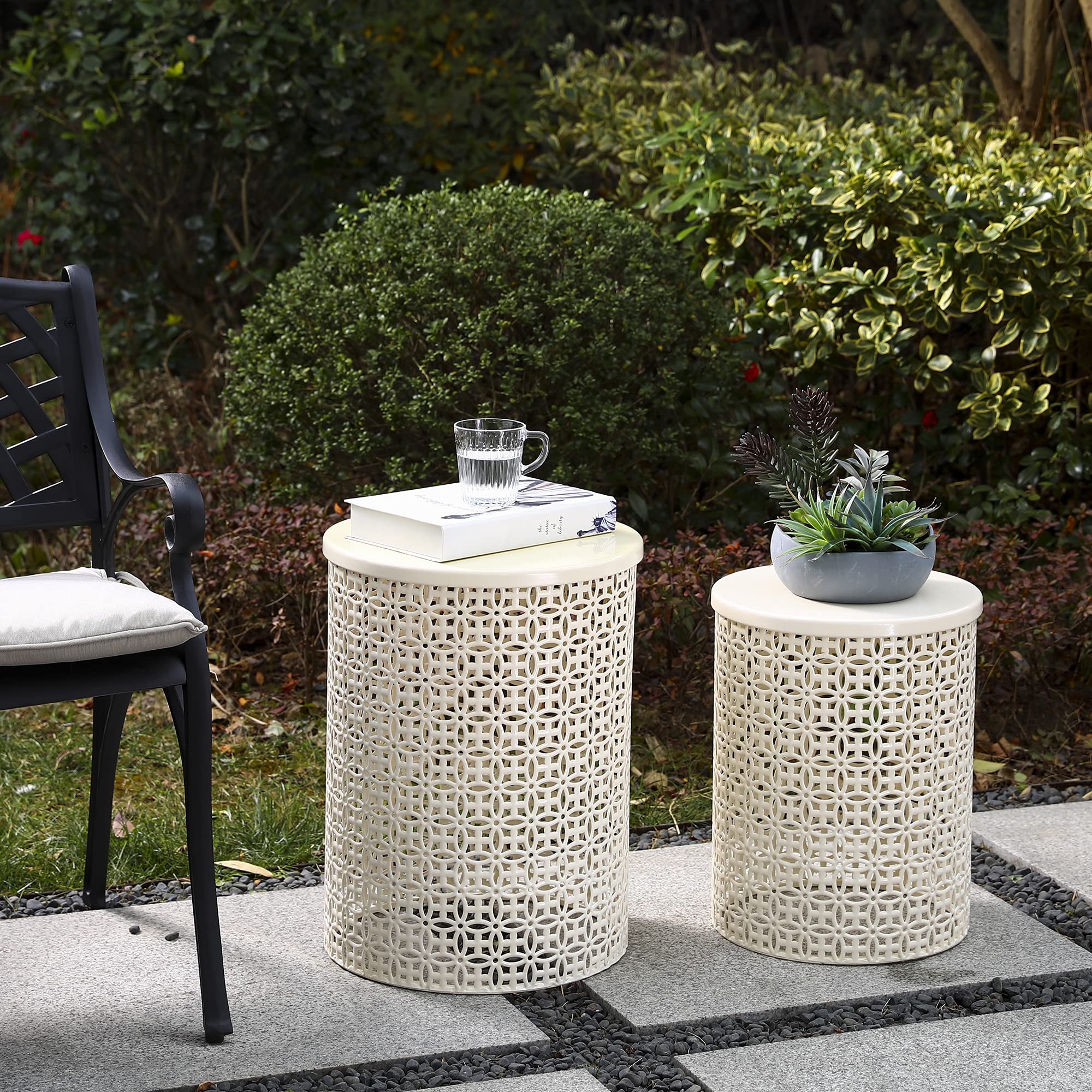 Glitzhome 2-Piece Outdoor Side Table Set - Heavy Duty Metal Frame Modern End Table for Garden, Patio, Balcony & Indoor Use - Cream White Accent Table for Living Room, Bedroom & Outdoor Decor