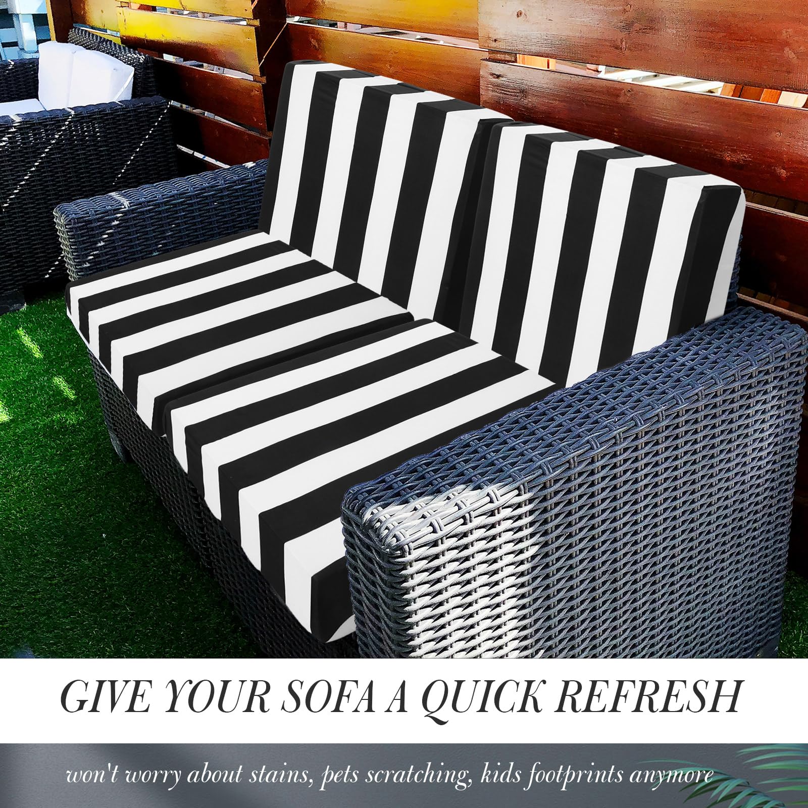 8-Piece Stretch Patio Cushion Covers - Striped Outdoor Furniture Slipcovers for Sofa, Chair & Seat - Soft Flexible Protector (Black & White) - Perfect for Deck, Porch, Poolside & Garden Furniture Protection