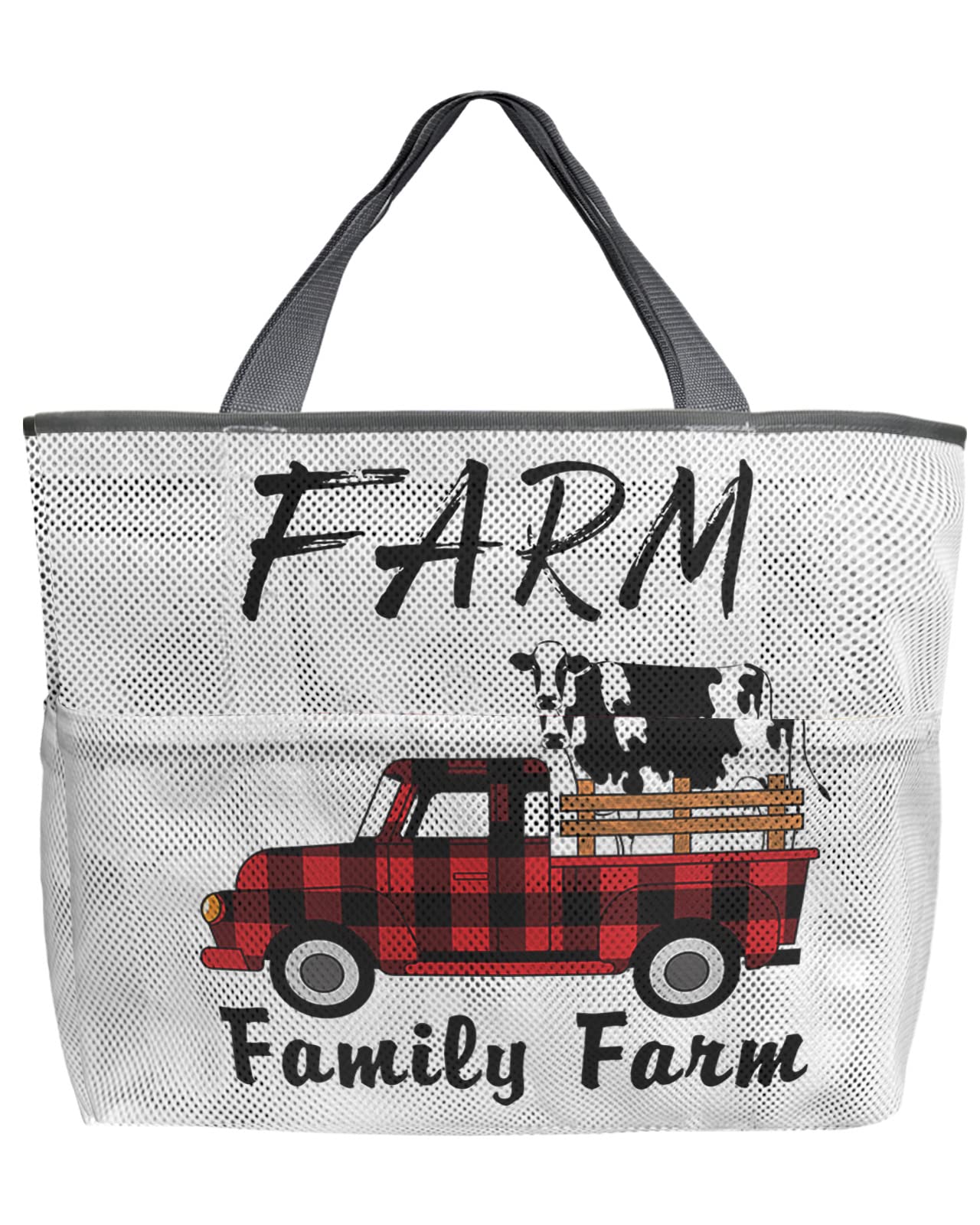 60L Oversized Mesh Beach Tote Bag with Pockets - Farmhouse Cow Print & Buffalo Check Plaid Design - Foldable Lightweight Swim Bag (24