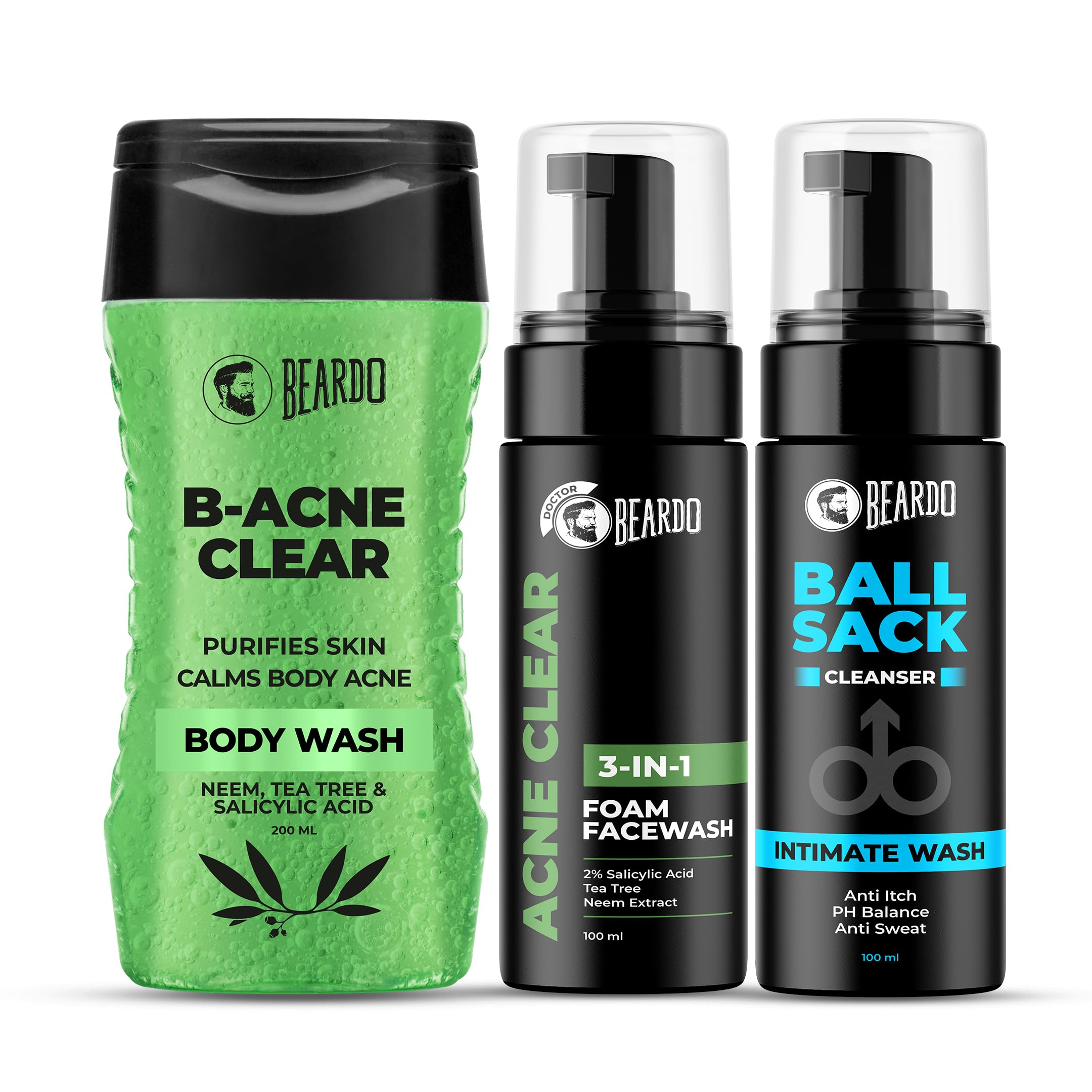 Beardo Face & Body Cleansing Combo Pack of 3 - B-acne Clear Body Wash 200ml for Body Acne Treatment, Acne Clear Foam Face Wash 100ml for Acne-Free Skin & Intimate Wash 100ml for pH Balance | Men's Grooming Kit for Daily Shower, Gym & Travel