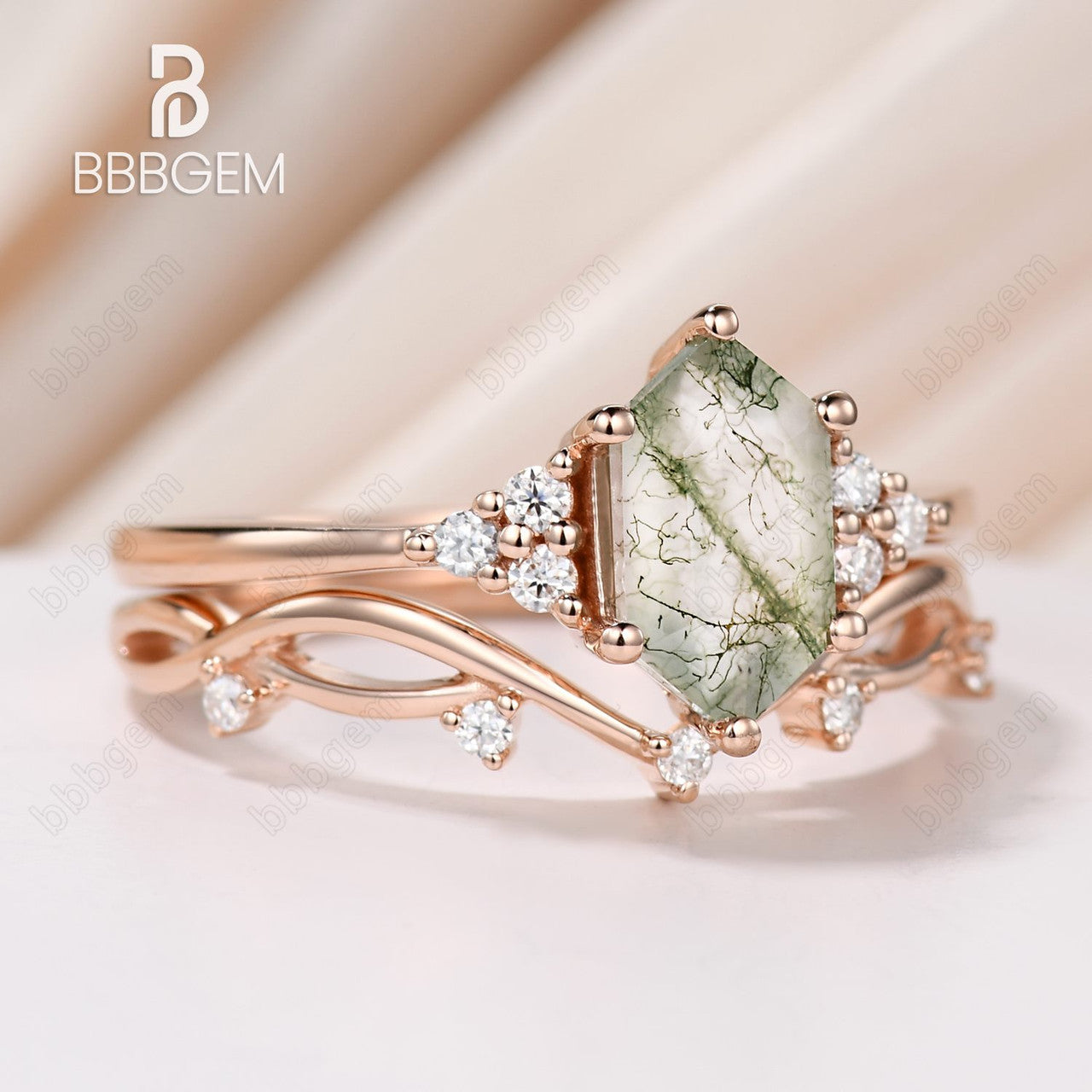 Vintage Moss Agate Hexagon Cut Branch Leaf Vine Art Deco Promise Ring Set for Women - Nature Inspired Jewelry for Engagement, Wedding, Anniversary & Everyday Boho Fashion