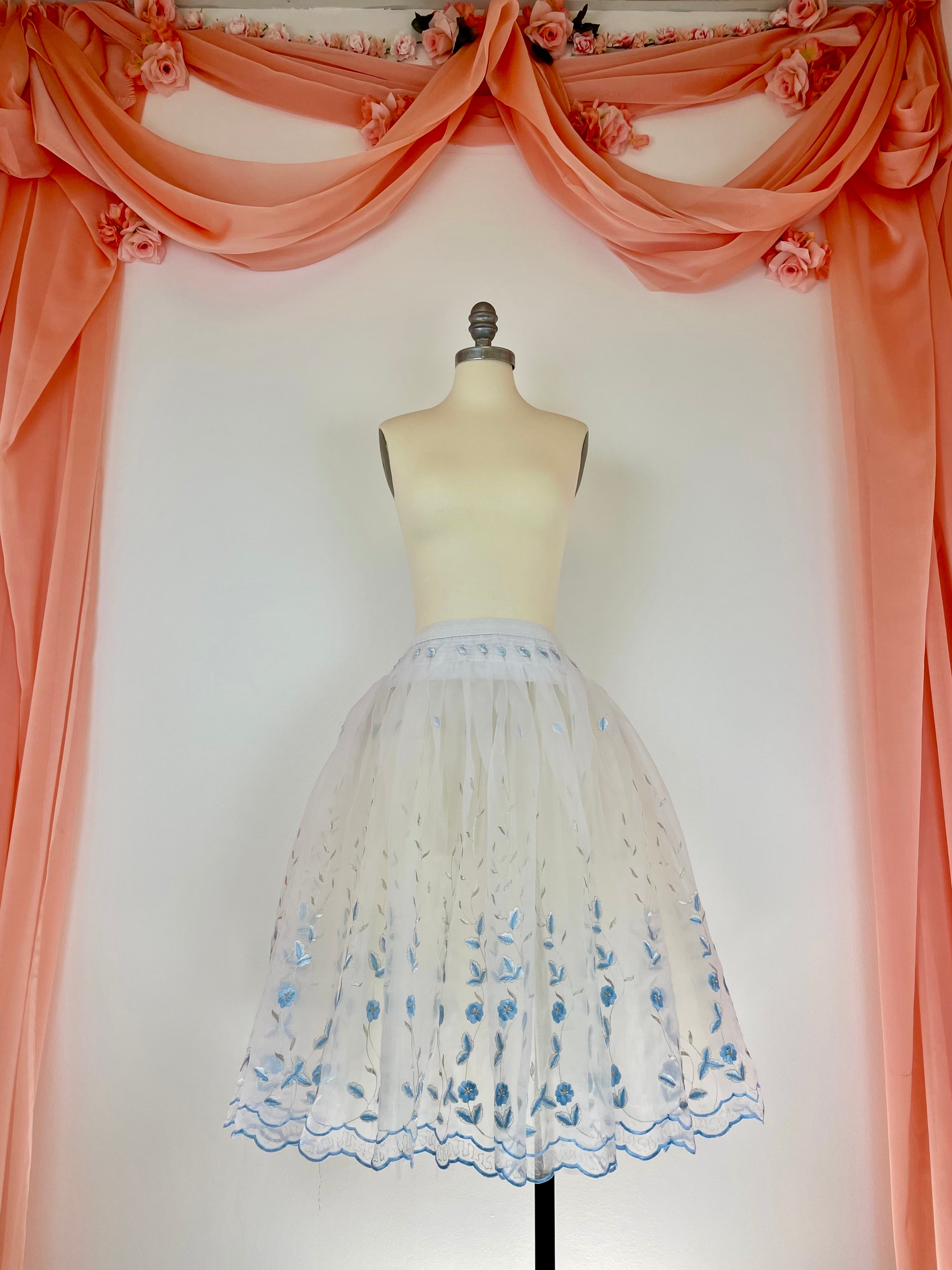 Custom Peasant Style Over Skirt - White with Blue Floral Embroidery | Handmade to Order | Perfect for Renaissance Fairs, Boho Festivals & Vintage Styling