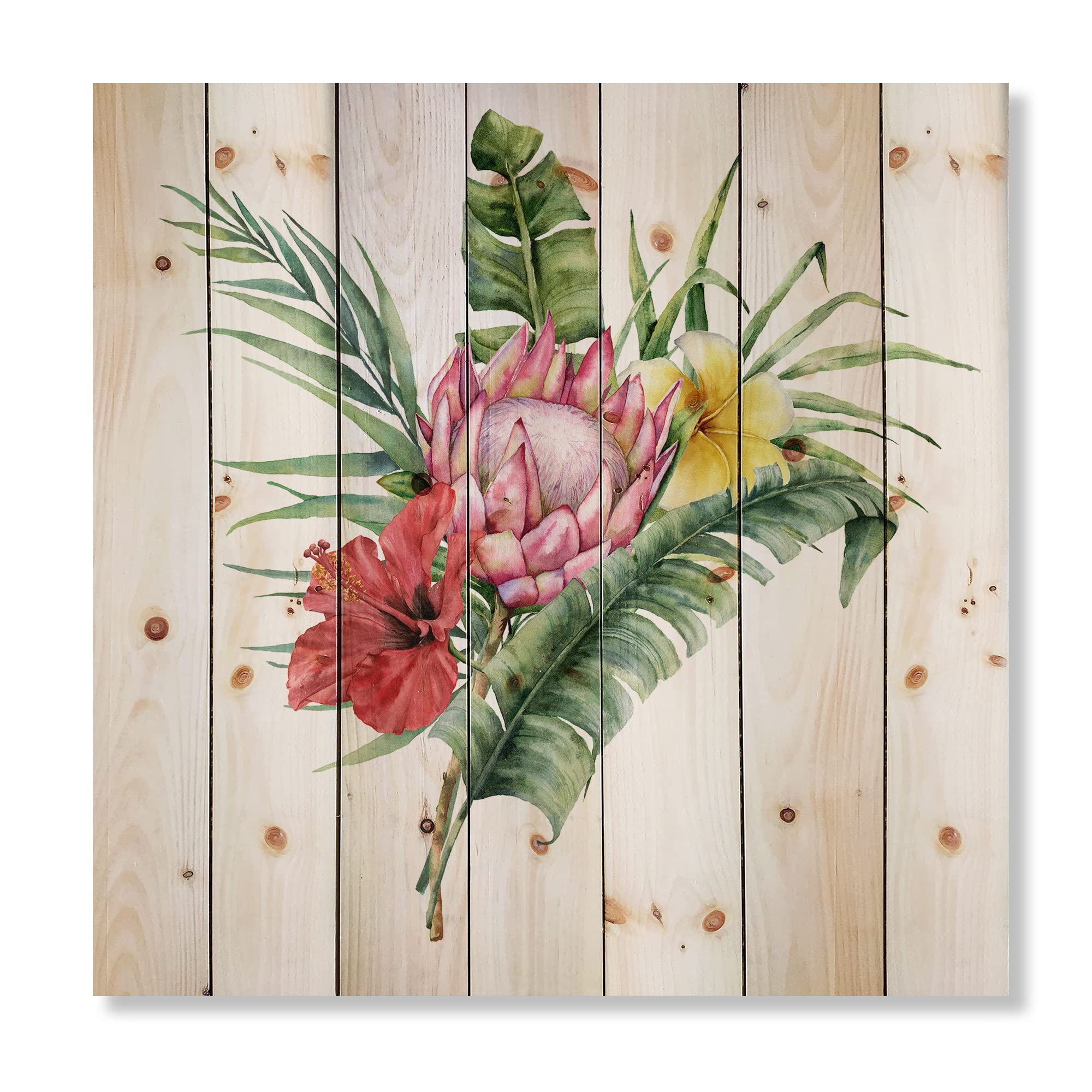 Handmade Protea Hibiscus Plumeria Floral Wood Wall Art - Large Traditional Red Wood Wall Decor with Printed Bouquet Design on Natural Pine - Perfect for Living Room, Bedroom, or Office Decoration