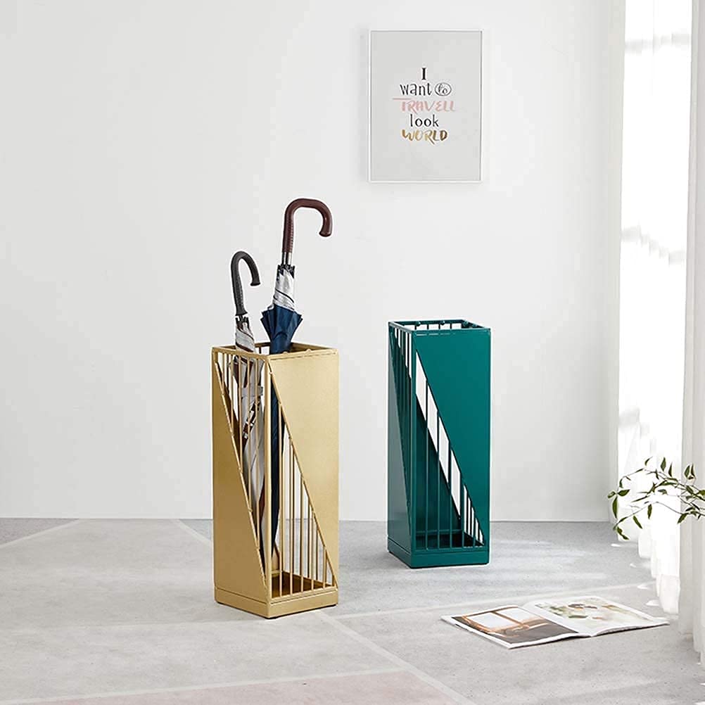 Sturdy Metal Umbrella Stand with 4 Hooks - Wrought Iron Umbrella Holder for Folding Umbrellas (Green) - Perfect for Entryway, Porch, or Office Organization