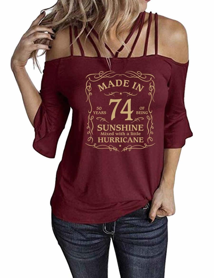 72 Printed 50th Birthday Women's Casual Off-The-Shoulder T-Shirt with Ruffle Sleeves - Perfect for Birthday Parties, Girls Night Out & Summer Vacations