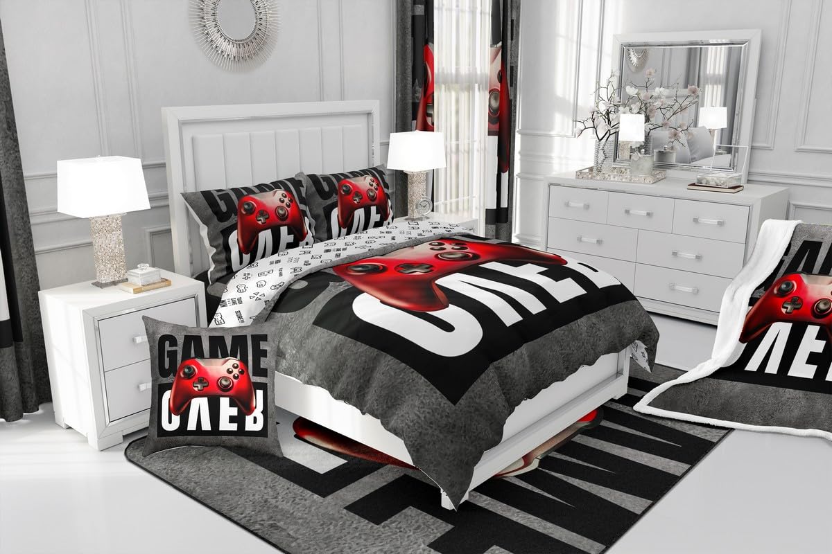 Boys Gamer Duvet Cover Twin Size - Reversible Red Video Game Controller Design with Pillowcase - Perfect for Kids & Teens Bedroom Decor, Gaming Room Setup - Soft Comforter Cover Set (2-Piece, Grey) - Great Christmas Gift for Gamers