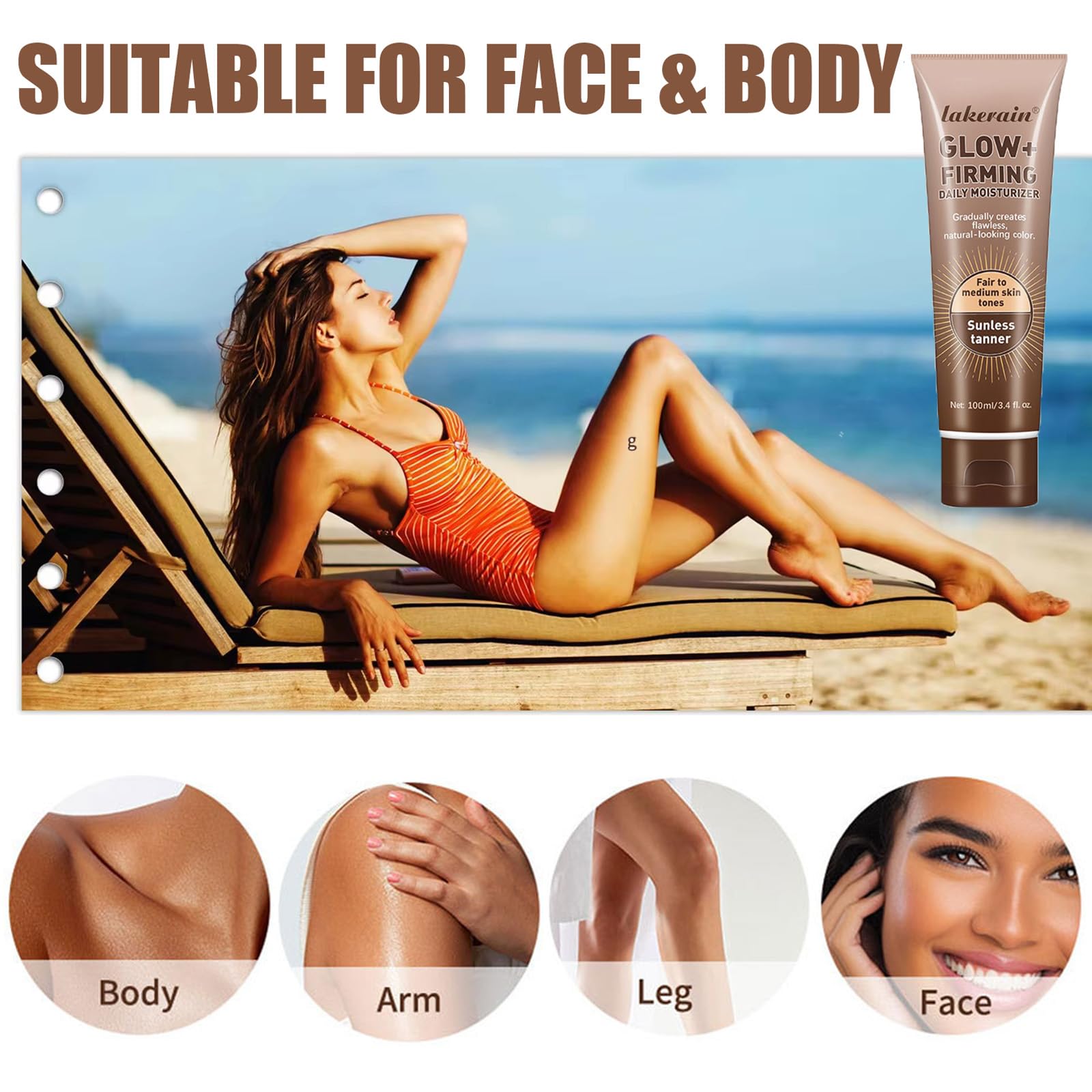 **Natural Sunless Self Tanner Lotion for Face & Body - Moisturizing Gradual Tan with Sun-Kissed Glow, Toning & Firming Formula, Lightweight & Non-Streaking for All Skin Tones (3.52oz) - Perfect for Beach, Vacation & Everyday Glow**