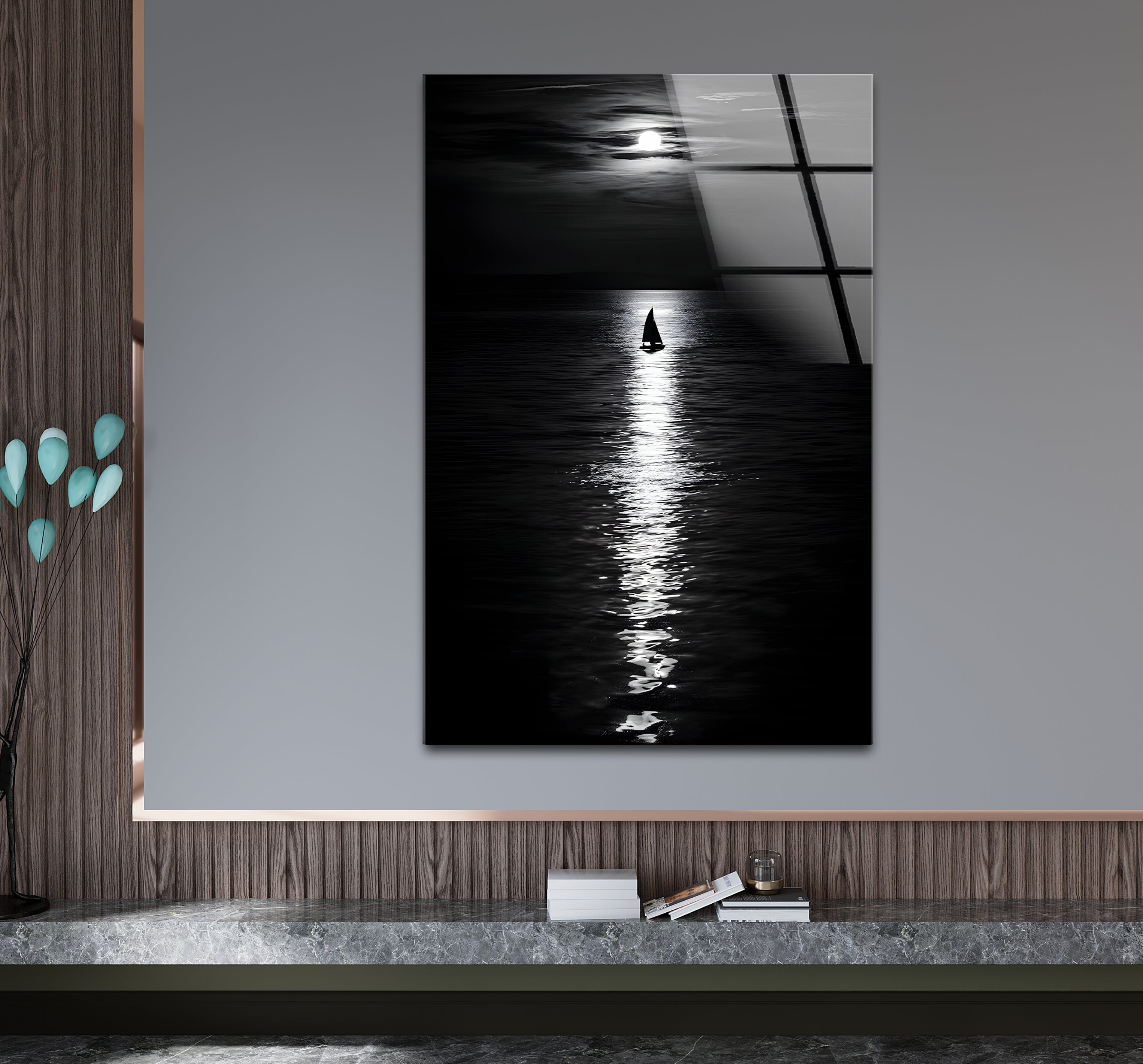 Black and White Moonlight Landscape Glass Wall Art - Elegant Home Decor for Living Room, Bedroom & Office - Perfect Gift for Housewarming & Holidays