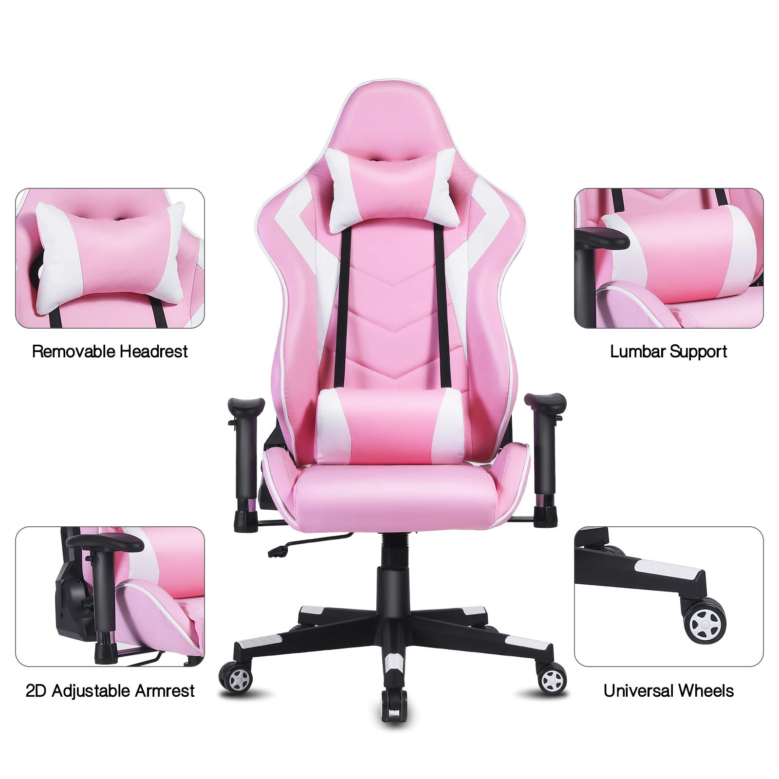 Modern-Depo Ergonomic High-Back Swivel Gaming Chair - Racing Style Recliner with Adjustable Headrest & Lumbar Support - Pink & White Office Desk Chair for PC Gaming, Streaming & Home Workspace