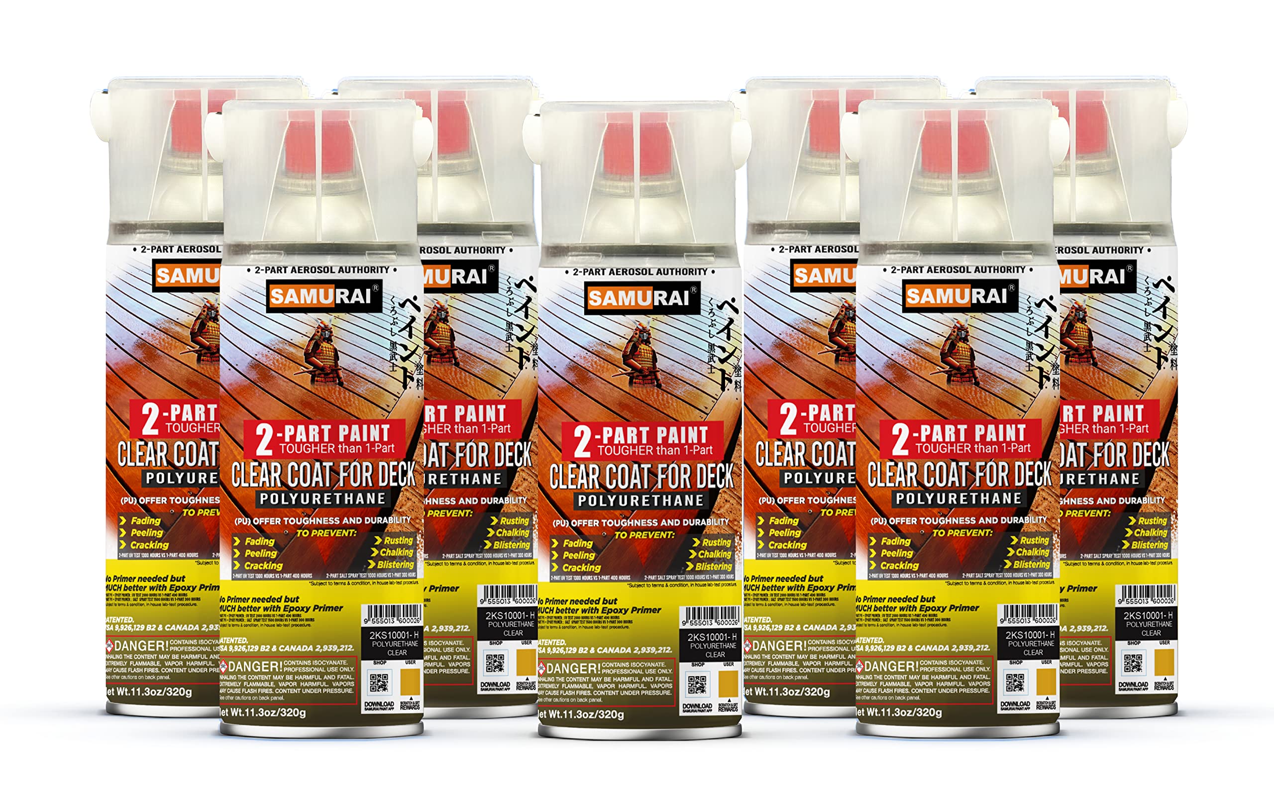 Premium SAMURAI 2-Part Polyurethane Deck Clear Coat Spray Paint - Crystal Clear Finish (7 Cans) | Weatherproof Protection for Wood Decks, Patio Furniture & Outdoor Surfaces