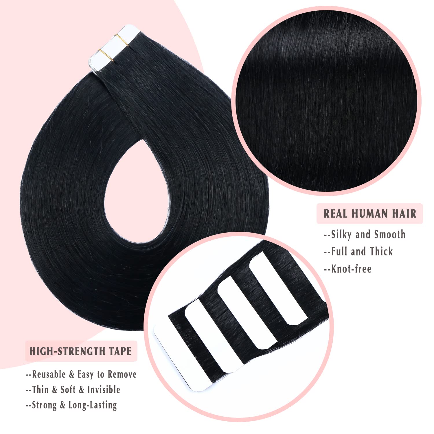 SURNEL 18 Inch Tape in Hair Extensions - 20pcs 50g Human Hair #1 Jet Black - Remy Straight Hair Extensions for Length & Volume - Perfect for Parties, Weddings & Everyday Styling