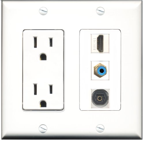 RiteAV 15 Amp Power Outlet with HDMI, RCA & Toslink Ports - Decorative Wall Plate for Home Theater & Audio Systems