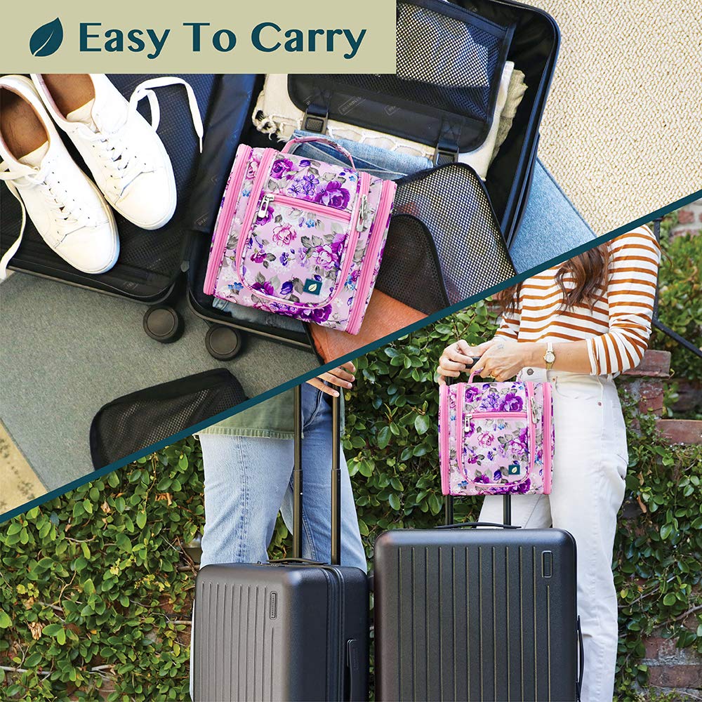 PAVILIA Hanging Toiletry Bag for Women & Men - Waterproof Travel Cosmetic Organizer with Multiple Pockets, Large Makeup Bag for Toiletries & Accessories (Floral Pink) - Perfect for Travel, Camping & Gym Essentials
