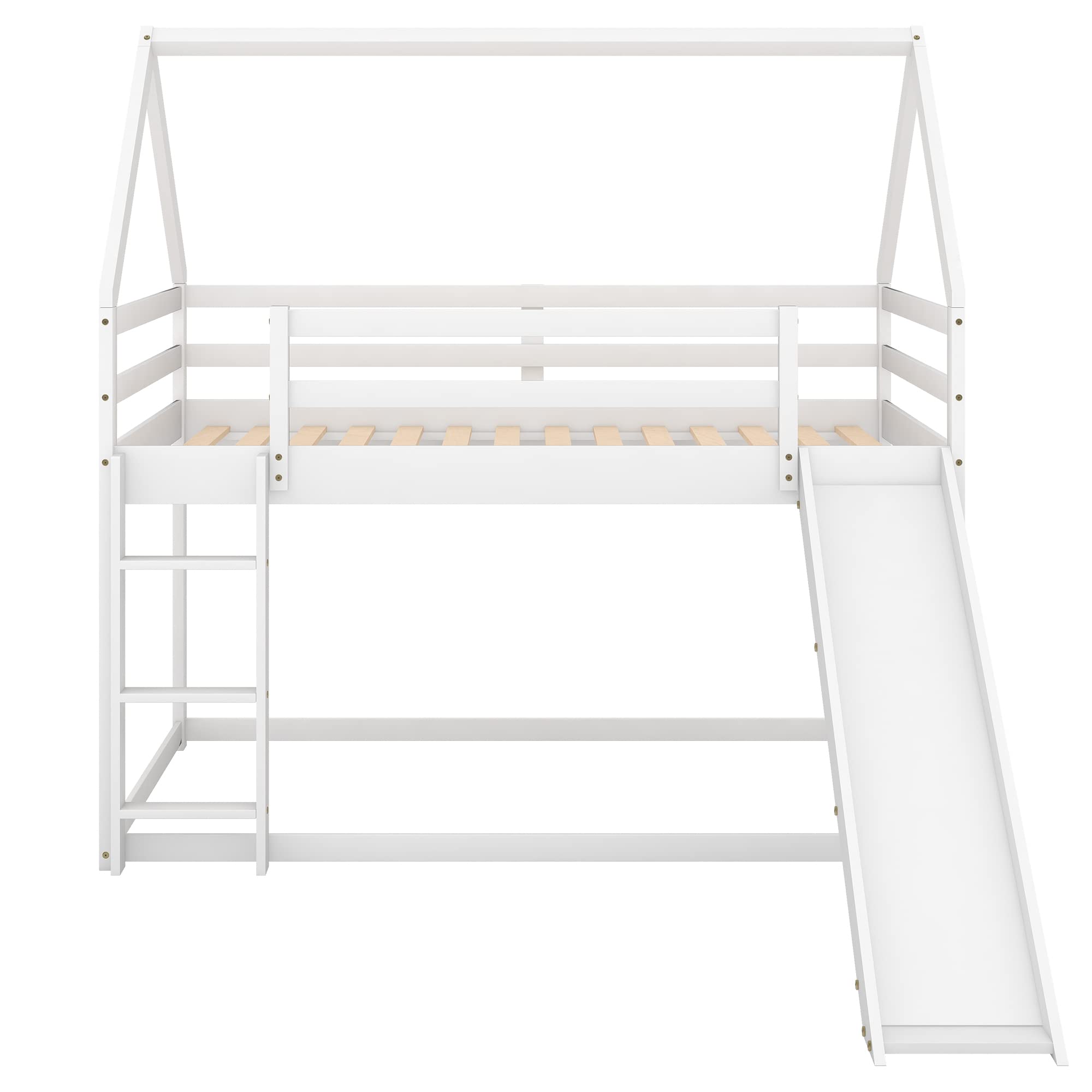 White Twin Over Twin Wooden Bunk Bed with Slide - Kids & Teens House Bunk Bed Frame - Safe Floor Toddler Bunk Bed for Boys & Girls - Perfect for Bedrooms, Playrooms & Small Spaces