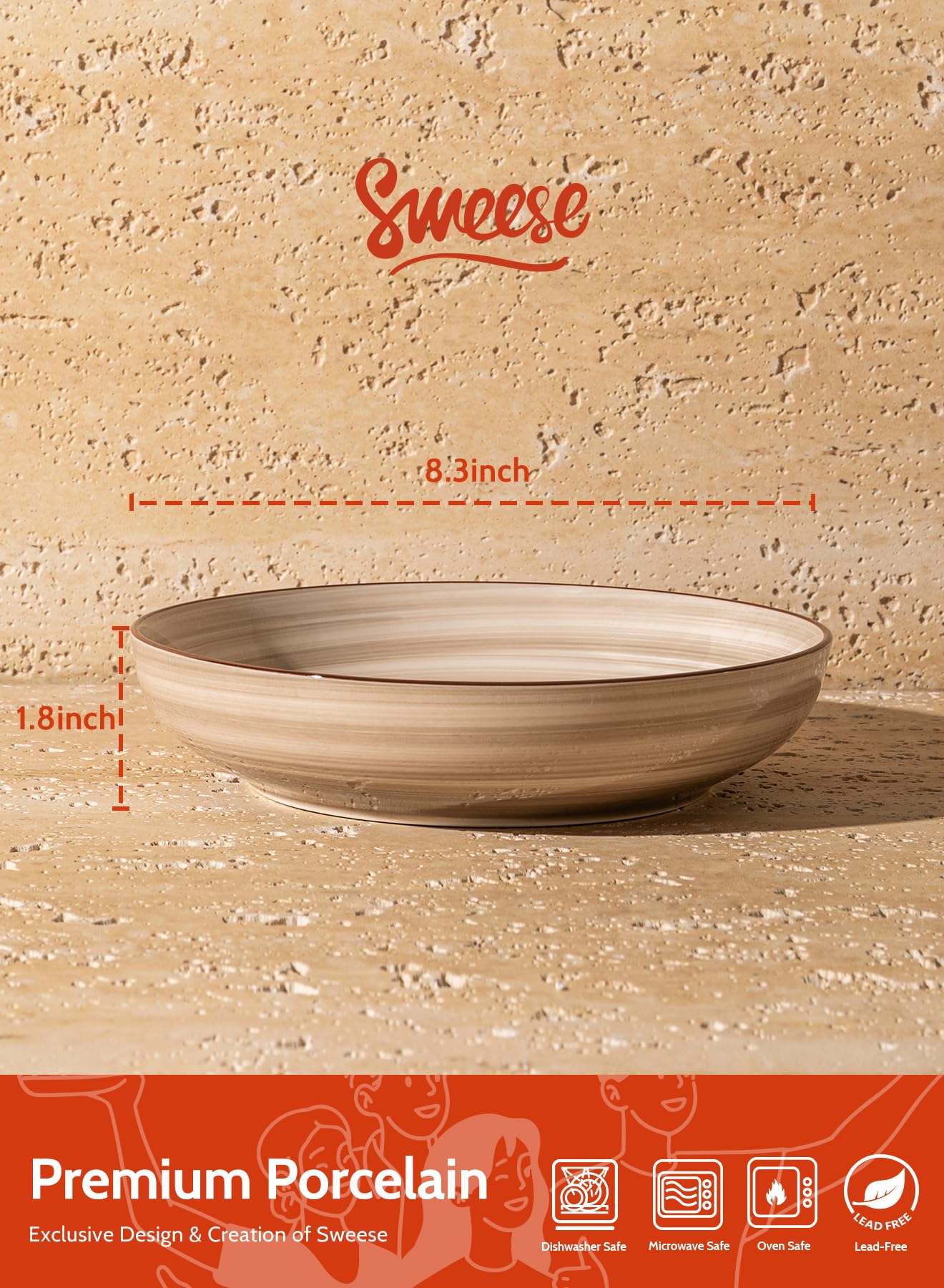 Sweese 6-Piece Pasta Bowls Set - 30oz Ceramic Deep Soup & Salad Bowls, Microwave & Dishwasher Safe - Oven Safe Porcelain Serving Dishes with Lipped Edges - Perfect for Pasta, Salad, Soup & Family Dinners