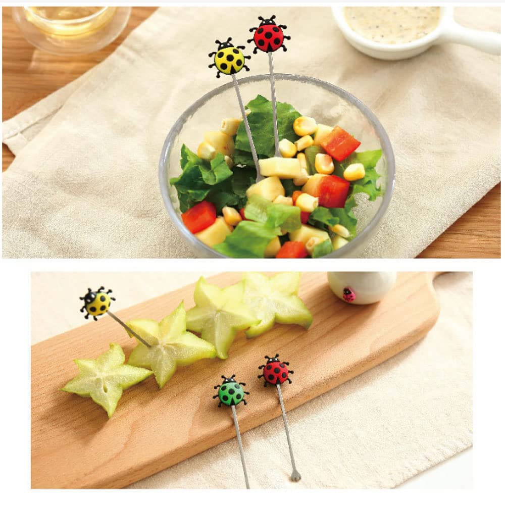 6pcs Kids Fruit Forks with Ceramic Holder - Cute Ladybug Design - Safe Snack Utensils for Children's Parties, Picnics & Family Gatherings