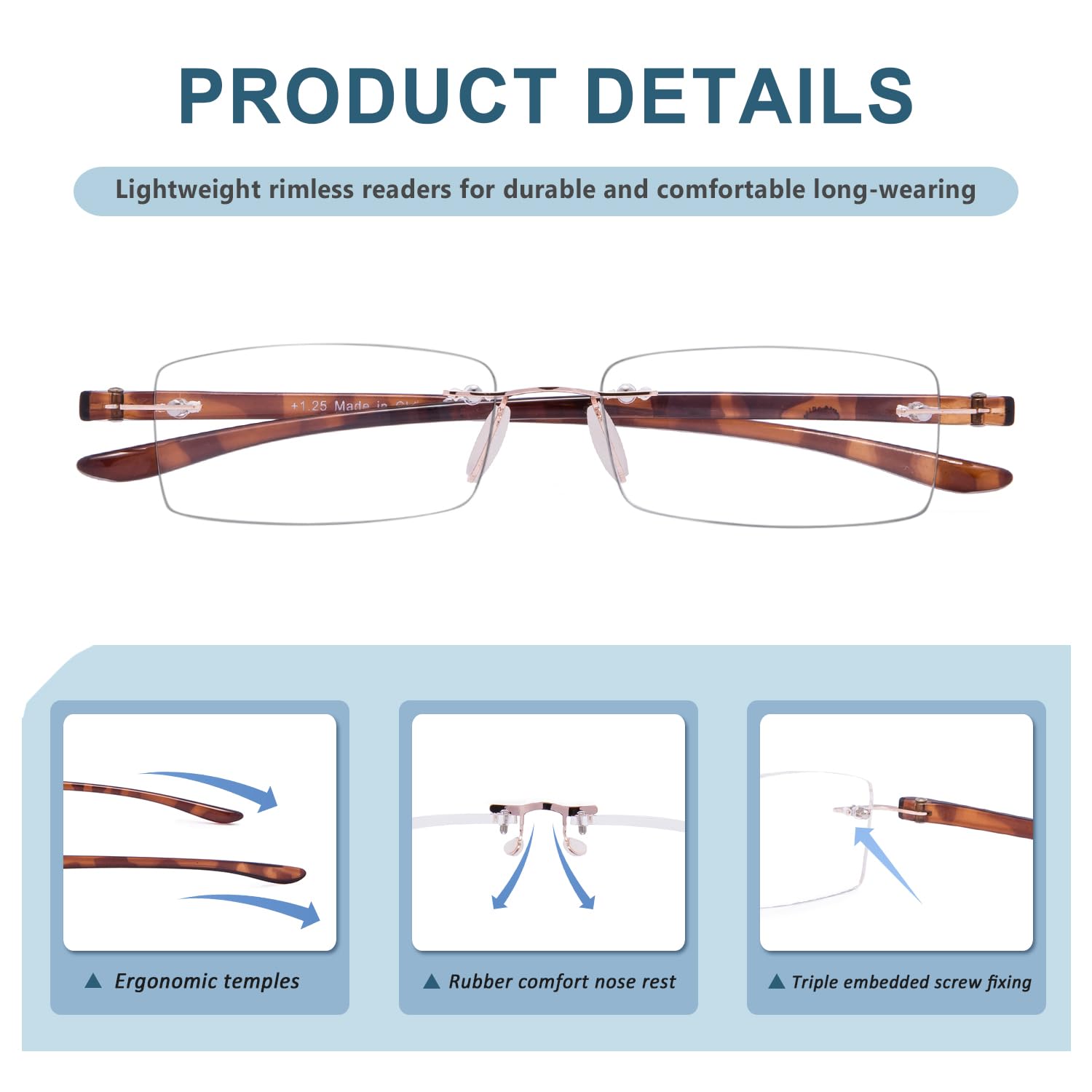 BLUELESS Rimless Reading Glasses for Men & Women - Lightweight Small Frame Readers in Tortoise Color - Perfect for Reading, Computer Use, and Daily Wear