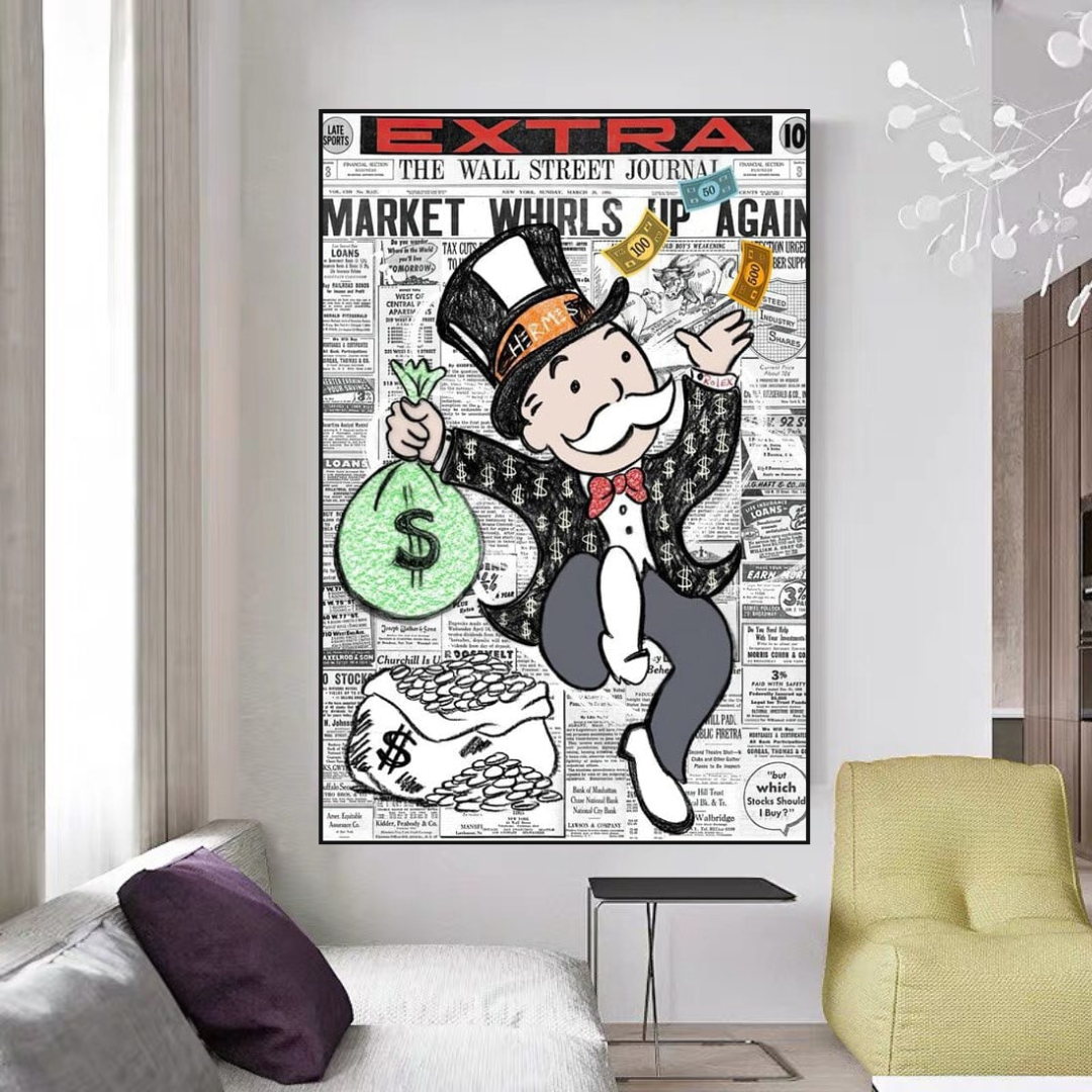 Alec Monopoly Money Bag Newspaper Print Canvas Wall Art - Modern Pop Art Decor for Living Room, Bedroom & Office