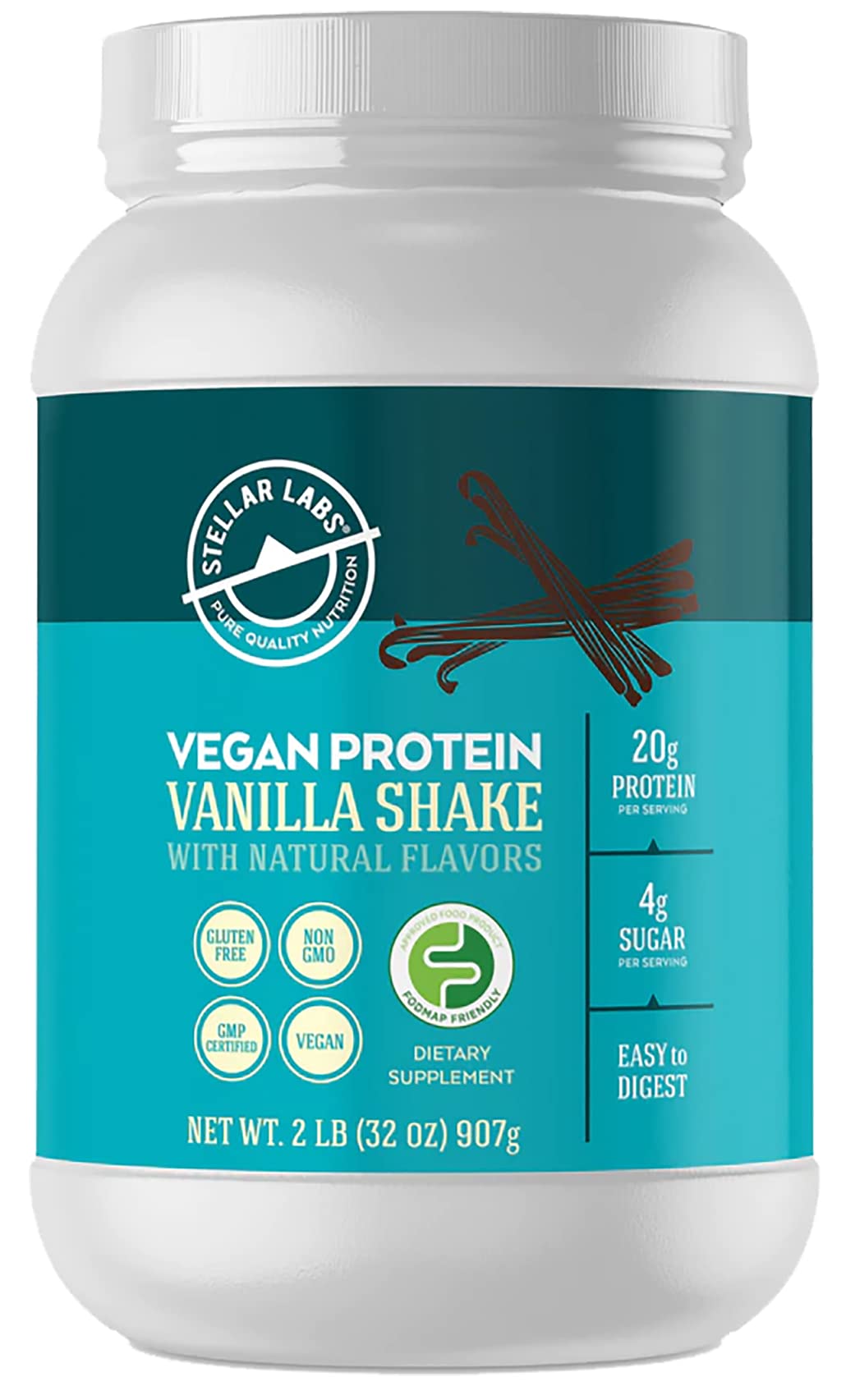 Stellar Labs Vegan Protein Powder with BCAA's & Antioxidants - Certified Low FODMAP, Non-GMO, Gluten-Free, Soy-Free, Low Carb, Stevia Sweetened | Plant-Based Protein Shakes for Weight Loss & Muscle Recovery | Vanilla Flavor for Smoothies, Baking & Post-Workout Drinks