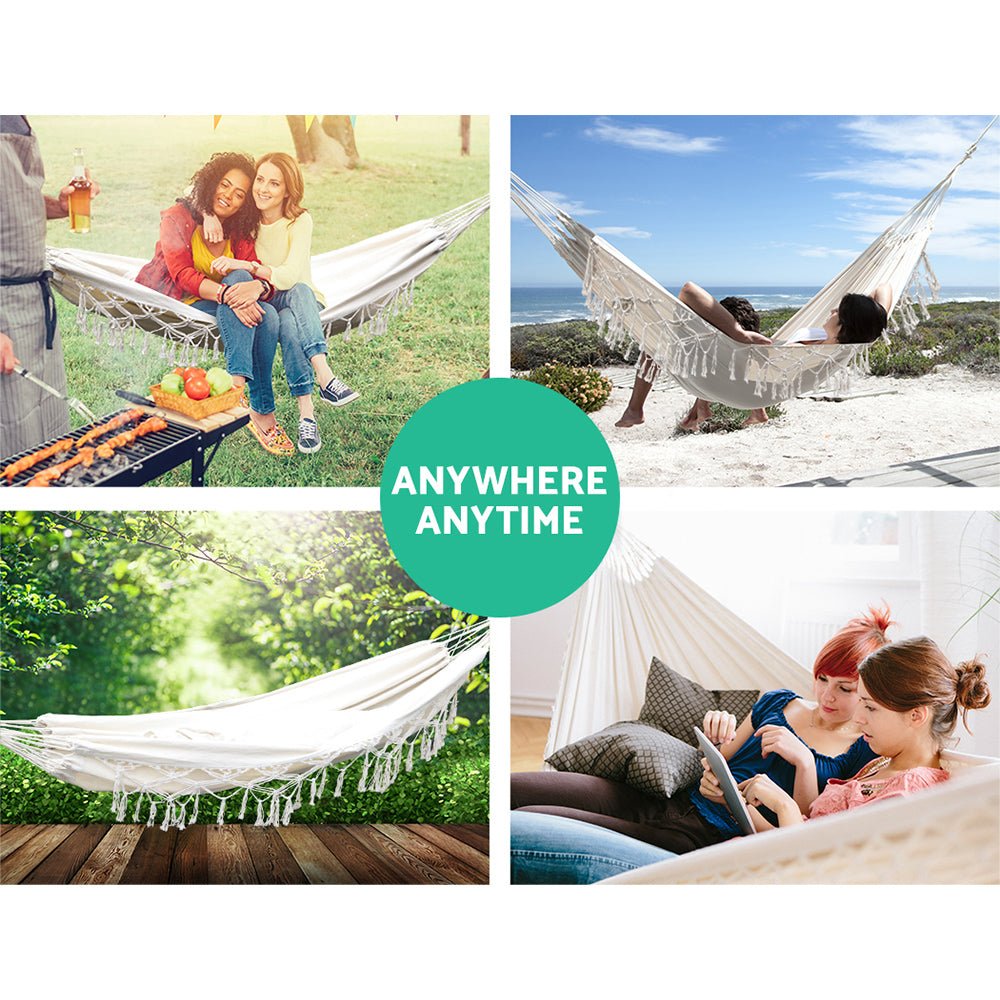 Best Hanging Hammock Bed with Rope Tassel - Portable Outdoor Hammock Chair for Camping, Backyard, Beach & Patio Relaxation
