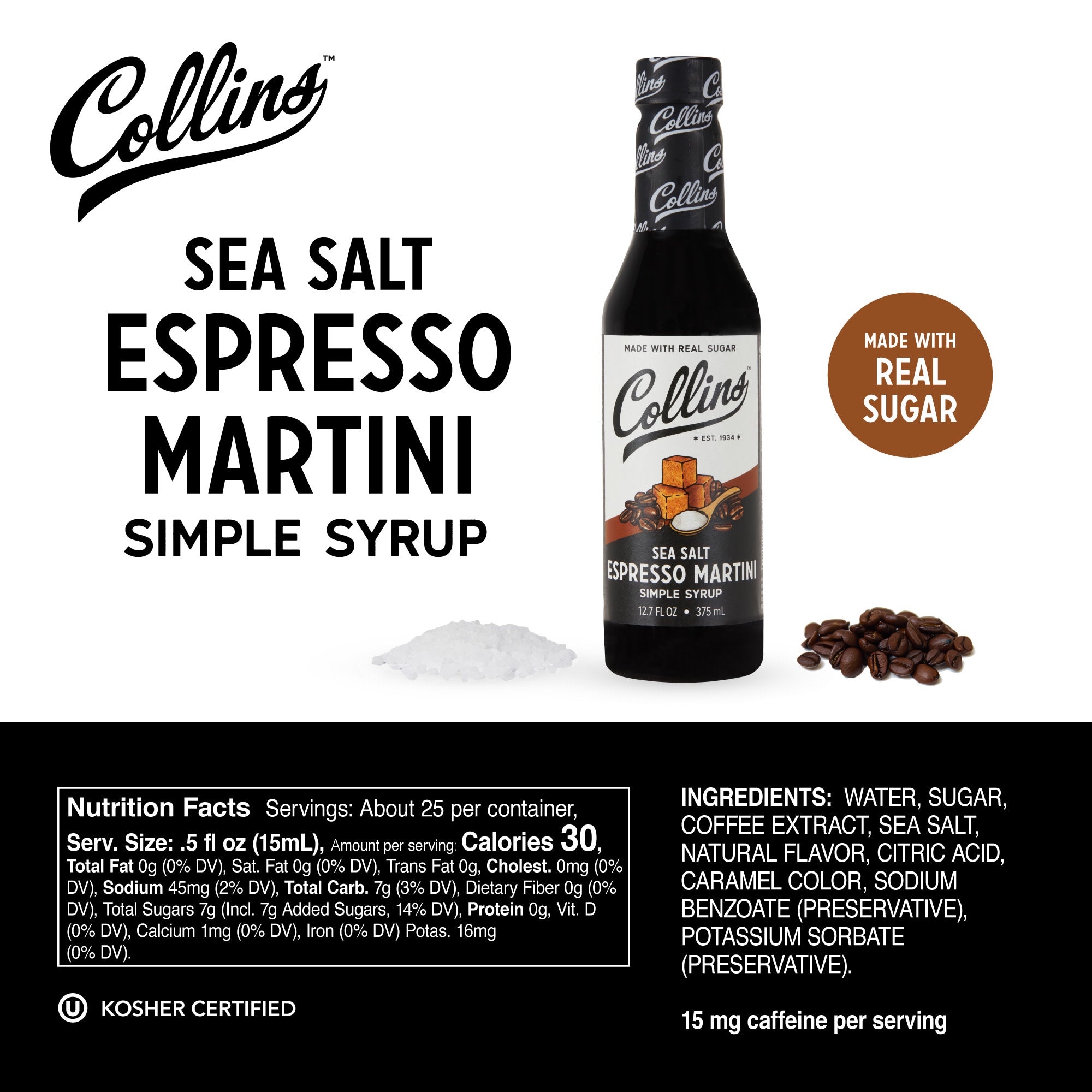 Premium Sea Salt Espresso Martini Syrup - 12.7 oz (375ml) Cocktail Mixer for Home Bars, Coffee Shops & Parties - Rich Coffee Flavor with Subtle Saltiness