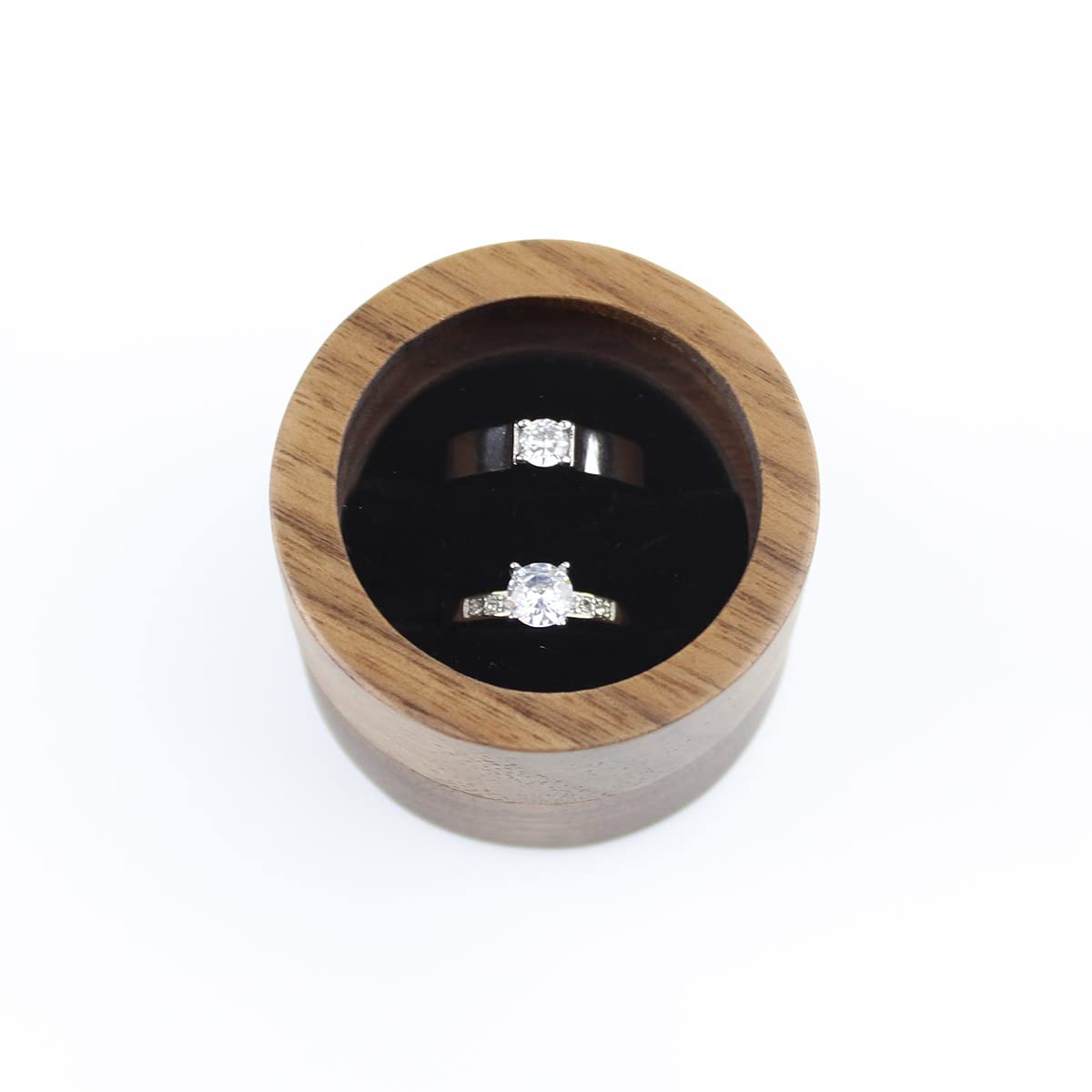 Round Wooden Jewelry Ring Box with Transparent Lid - 2 Slot Engagement Wedding Ring Holder with Black Velvet Lining - Perfect for Proposals, Anniversaries & Gift Giving