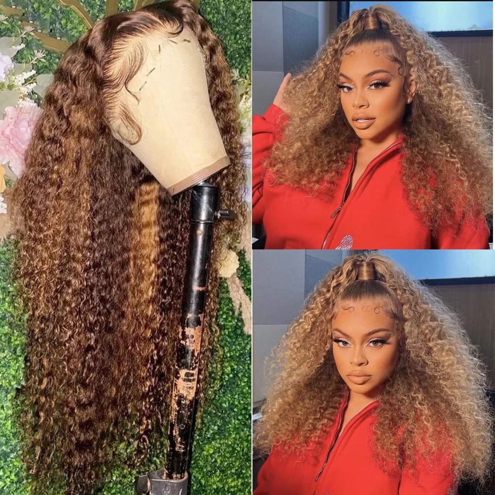 Smavida Ombre 13x4 HD Lace Front Wigs Human Hair - Pre Plucked 4/27 Honey Blonde Highlight Water Wave Lace Frontal Wig for Women - 180% Density Deep Curly Glueless Human Hair Wig for Daily Wear & Special Occasions