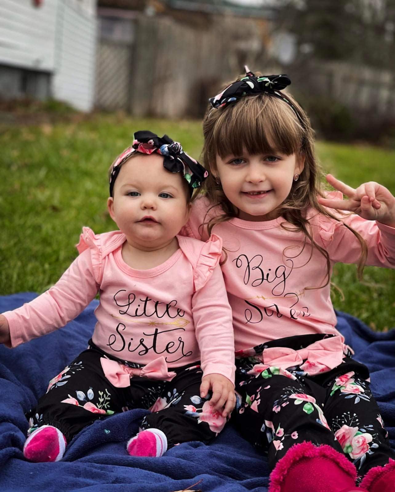 AMAWMW Big Sister Little Sister Matching Outfits - Toddler & Newborn Girl Clothes Set with Ruffle Romper, Floral Pants & Headband (3Pcs) - Perfect for Family Photos, Sibling Bonding & Special Occasions