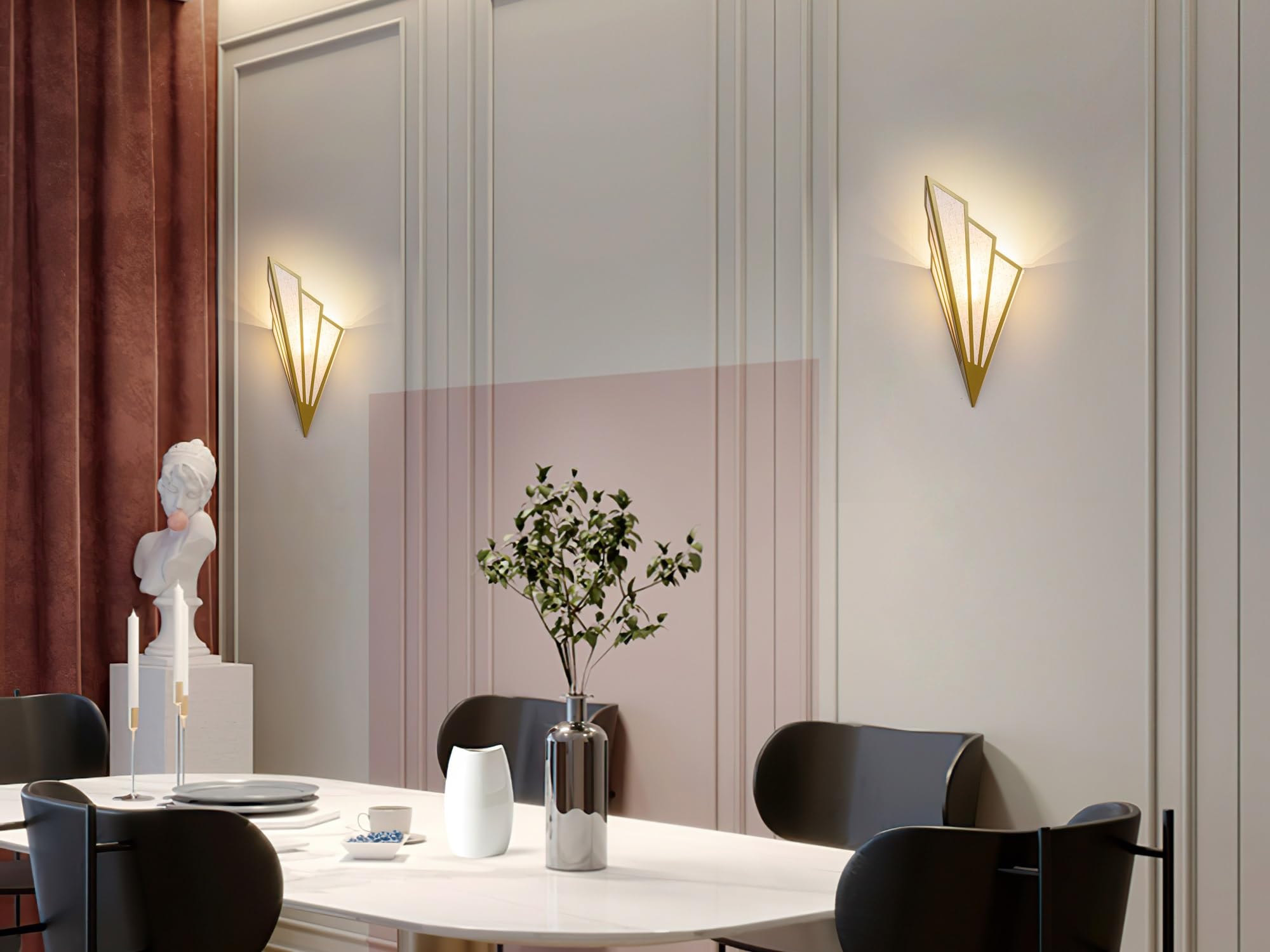 Battery Operated Wall Sconces Set of 2 - Wireless Remote Control Fabric Shade Triangle Wall Lights for Bedroom, Living Room, Bathroom & Hallway - Gold Finish - Perfect for Night Lights, Mood Lighting & Home Decor