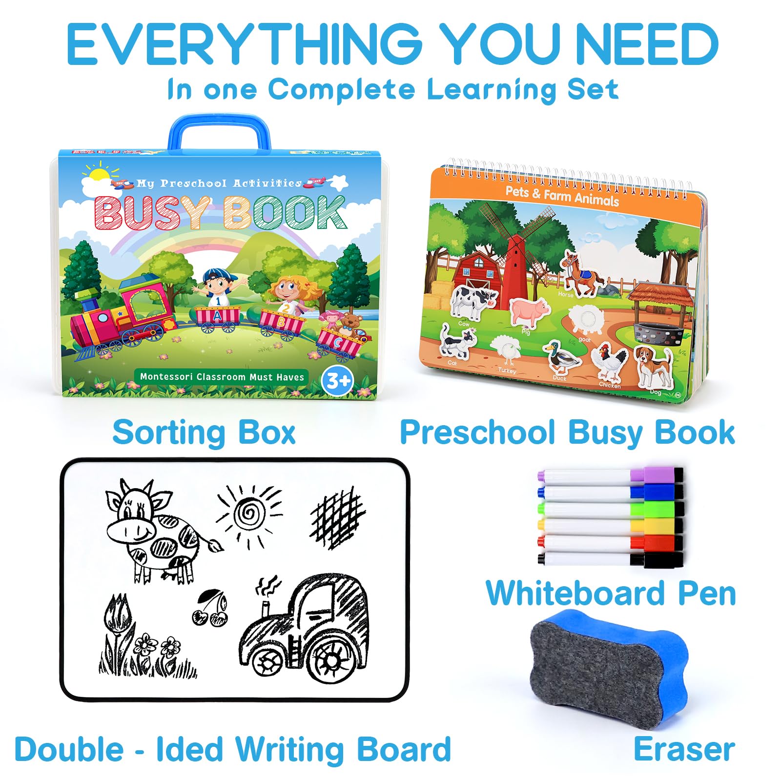 iHarPro Montessori Busy Book for Toddlers 3+ Years - Preschool Learning Activities, Autism Sensory Toys, Travel Educational Toy with Storage Box & Writing Board - Perfect for Home, Classroom & Travel Use