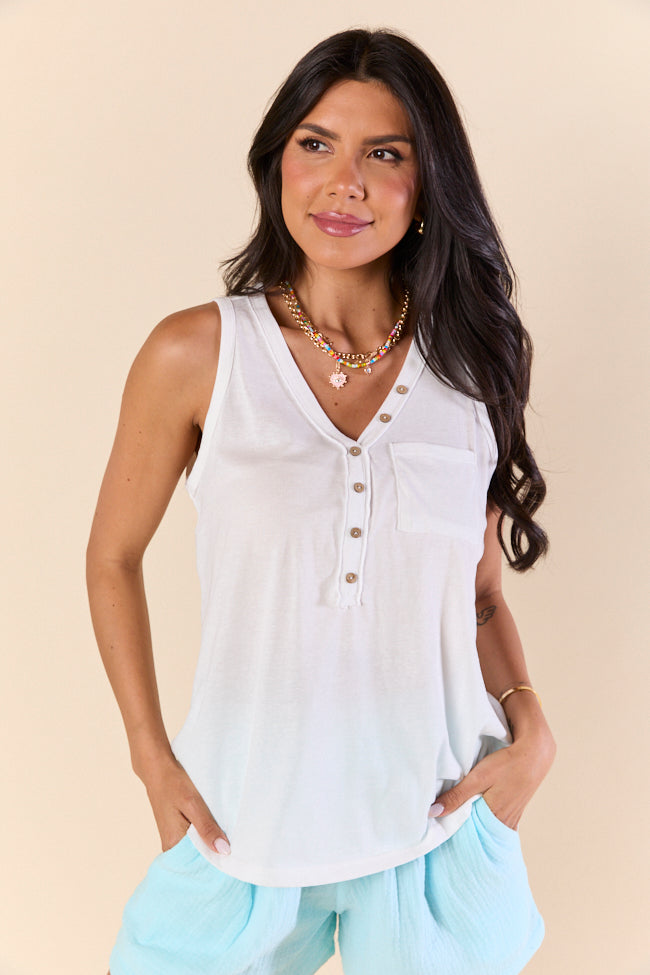 Daily Daze White Knit Button Tank Top for Women - Soft Summer Casual Wear - Perfect for Beach Outings, Brunch Dates & Layering
