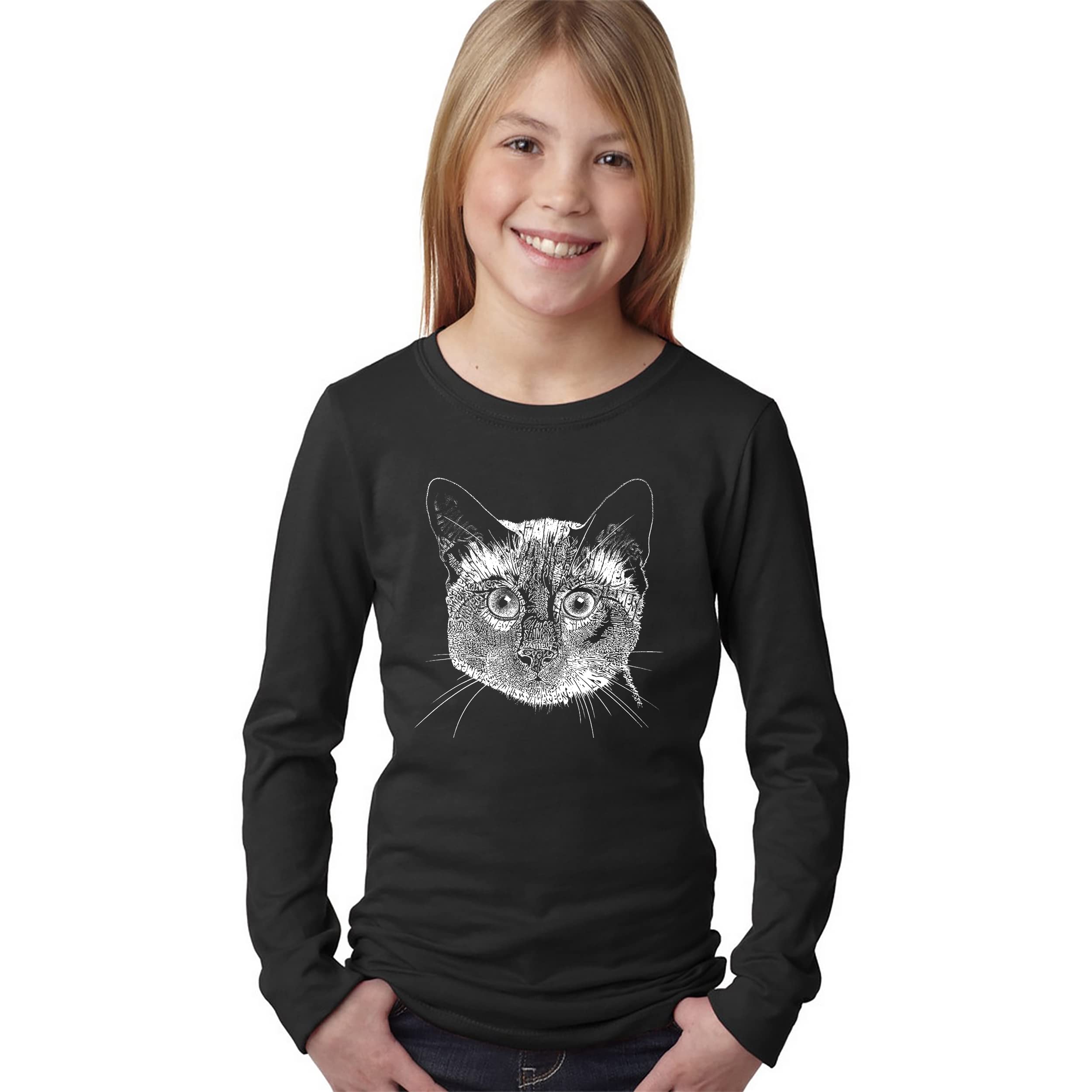 LA Pop Art Girl's Word Art Long Sleeve T-Shirt - Siamese Cat Design | Women's Casual Graphic Tee for Cat Lovers | Perfect for Daily Wear, Gifts & Cat-Themed Events