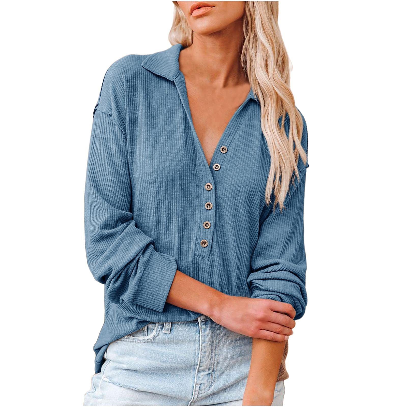 Women's Waffle Knit Long Sleeve Button Down Lapel Sweatshirt - Loose Fit Casual Pullover Top for Everyday Wear, Work & Weekend Outings
