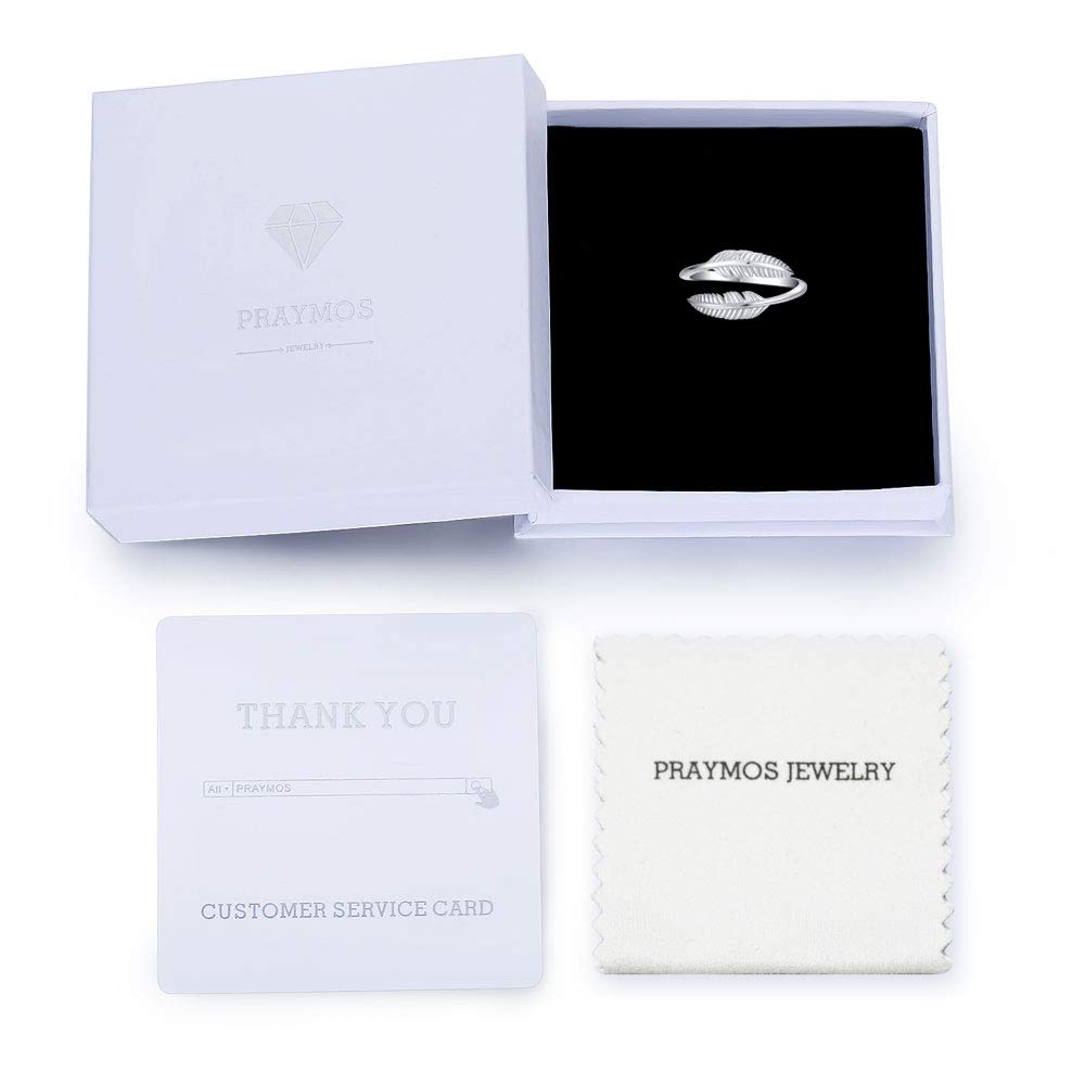 PRAYMOS 925 Sterling Silver Adjustable Feather Ring for Women - Elegant Open Band Jewelry with Gift Box | Perfect for Casual Wear, Parties, and Special Occasions