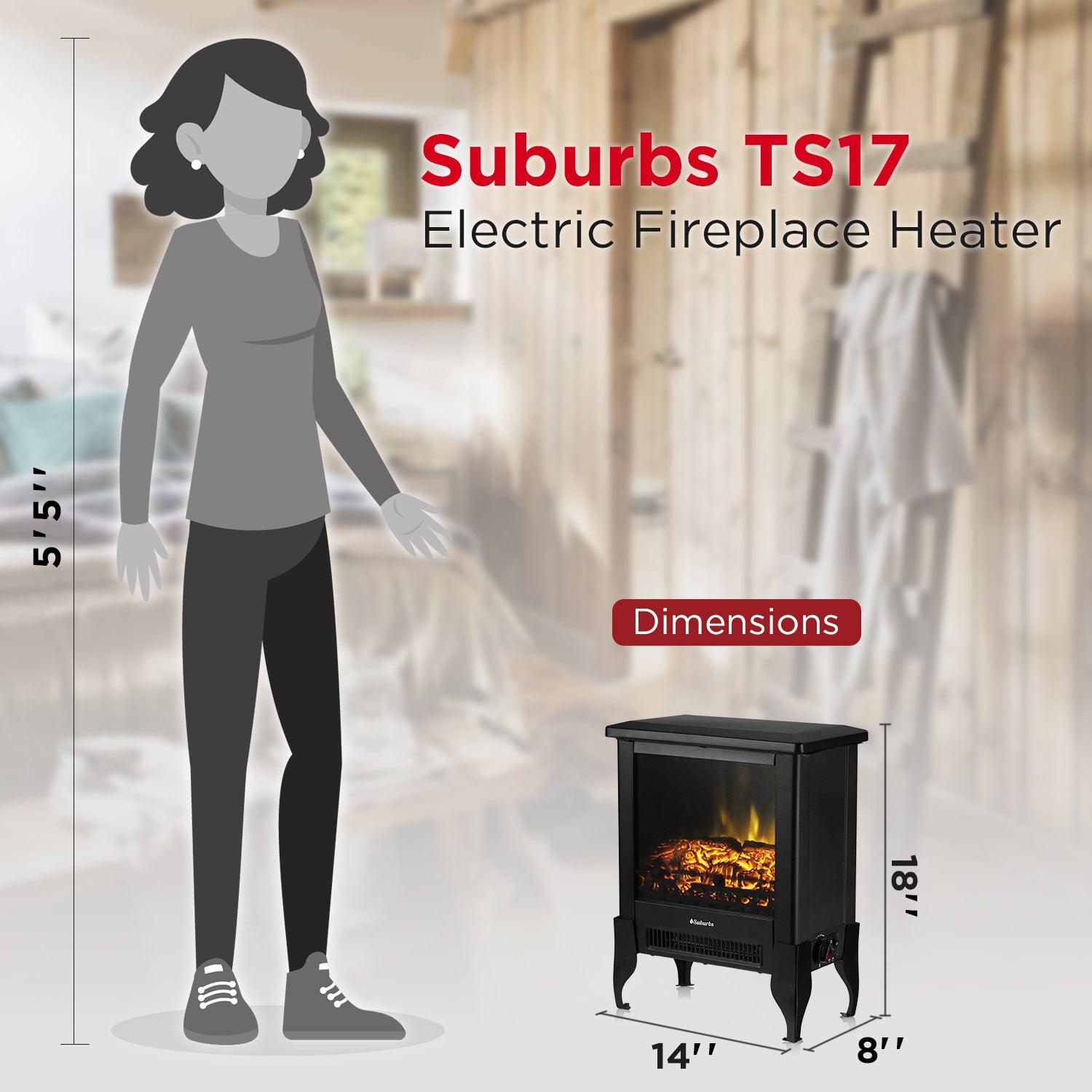 (Open Box) Suburbs TS17 Electric Fireplace Stove - Realistic Flames & Adjustable Heat - Perfect for Living Room, Bedroom, or Office Heating