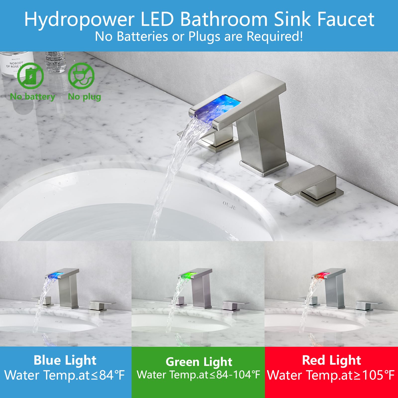 8 Inch Brushed Nickel LED Light Widespread Bathroom Faucet - Modern Waterfall Vanity Sink Faucet with Pop-Up Drain & Supply Hose - Perfect for Bathroom Renovation & Luxury Home Decor
