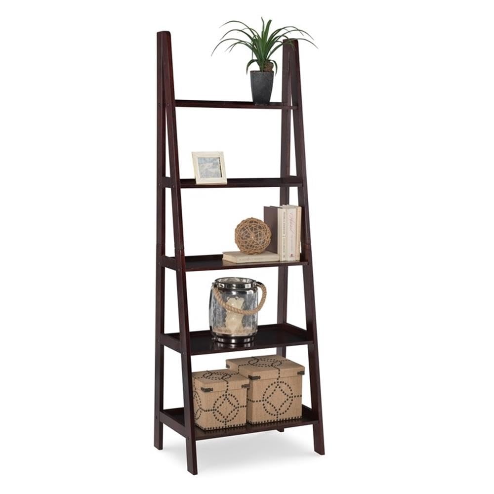 5-Shelf Transitional Wood Ladder Bookshelf in Espresso - Stylish Storage for Books, Plants & Home Decor - Perfect for Living Room, Bedroom or Office Organization