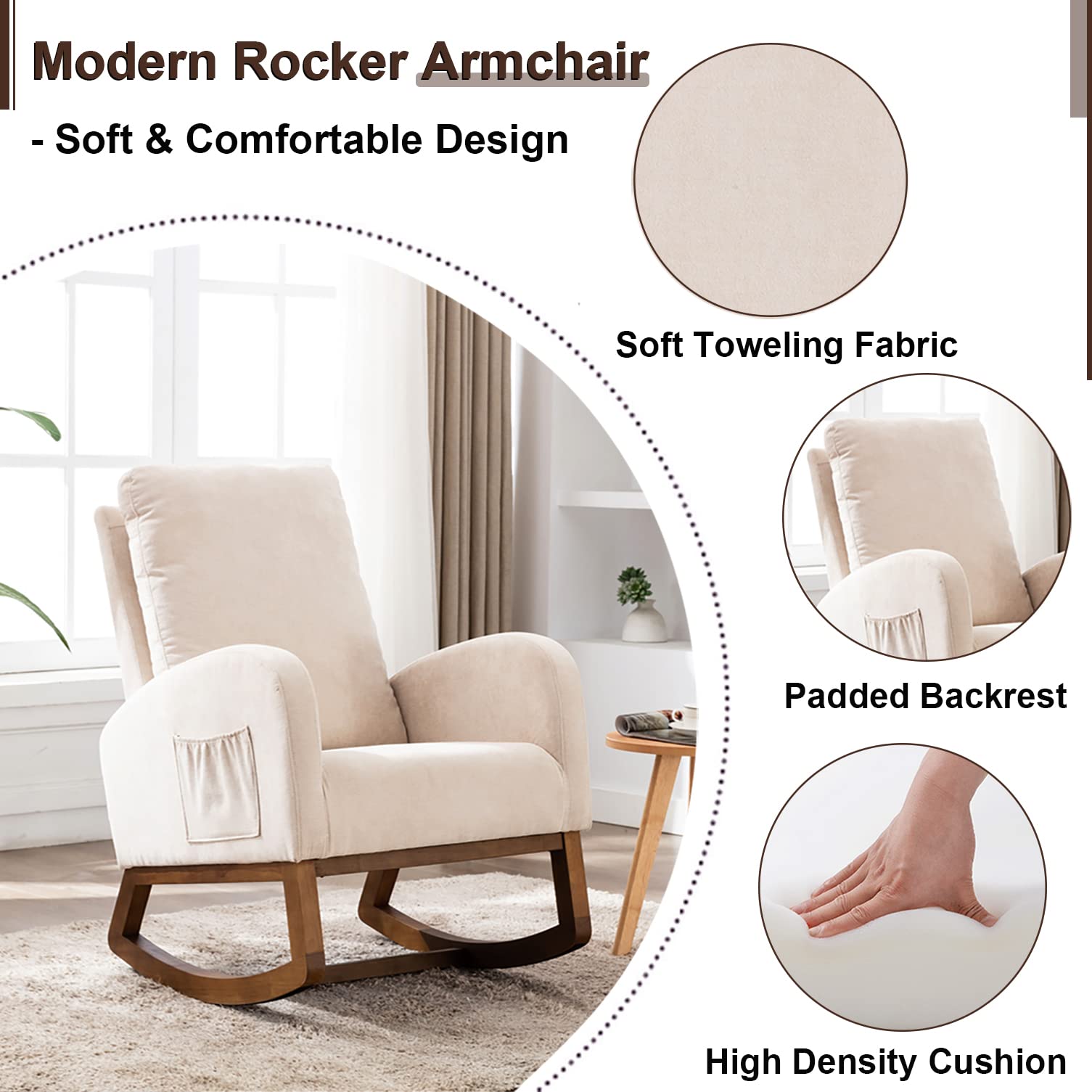 Antetek Modern Upholstered Rocking Chair - Nursery Glider Rocker for Baby & Kids, Comfortable High-Back Armchair with Side Pocket, Perfect for Living Room, Nursery & Lounge (Beige) | Ideal for Breastfeeding, Reading & Relaxing