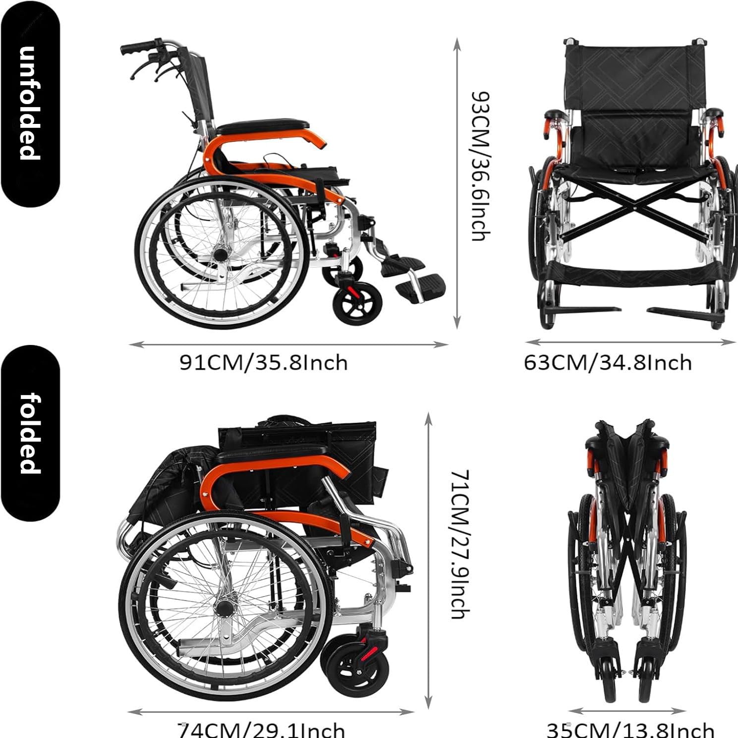 Ultra-Light Portable Folding Wheelchair with Handbrake - 20 Inch Wheels Aluminum Manual Wheelchair for Seniors & Adults - Indoor/Outdoor Use for Travel, Shopping & Daily Mobility