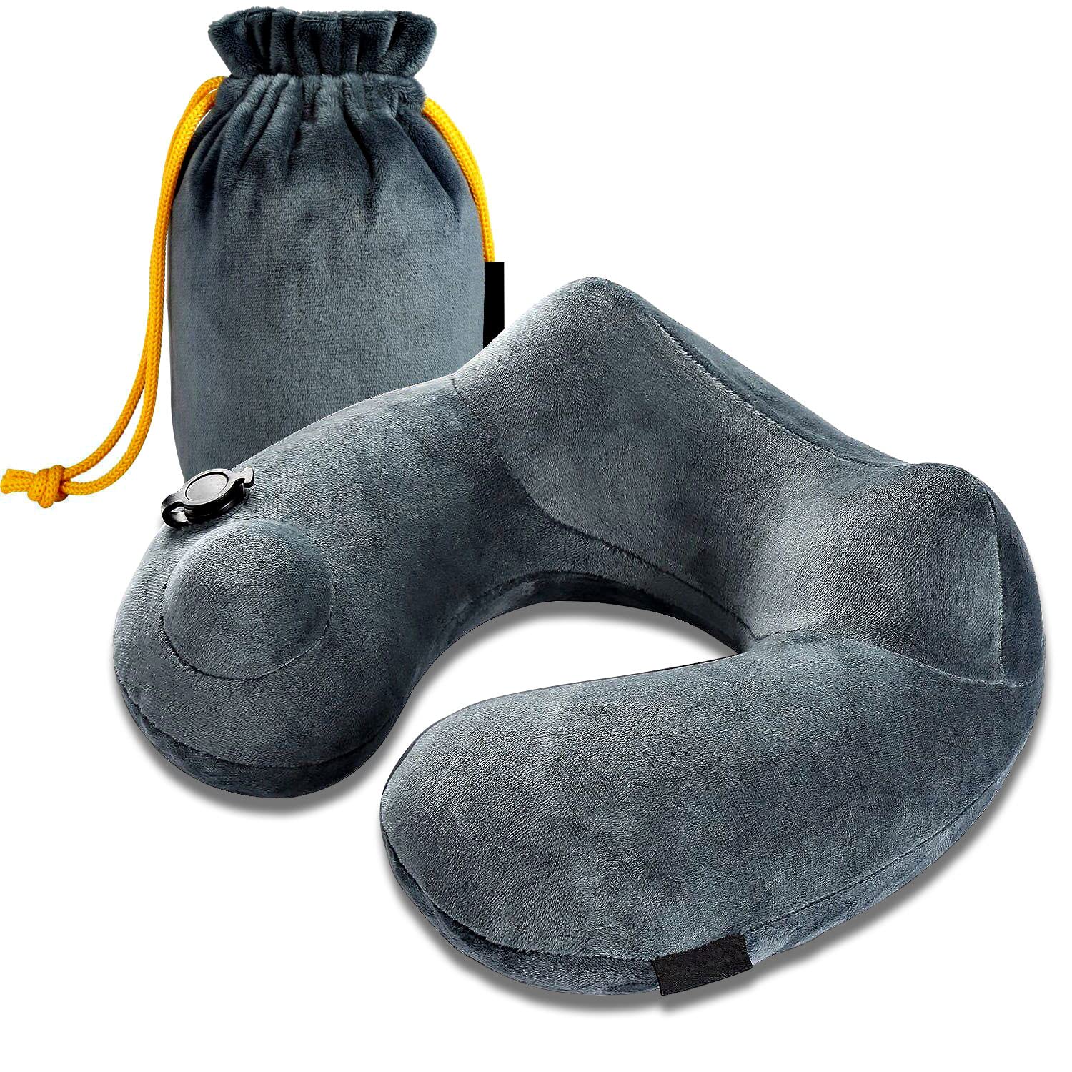 Comfortable Inflatable Travel Neck Pillow with Washable Breathable Cover - Portable Small Size for Airplane, Car & Camping - Soft Grey Pillow P12