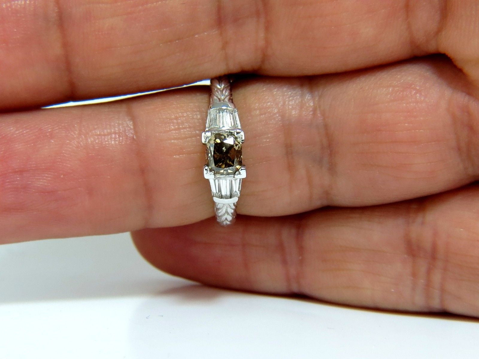 1.29ct Natural Fancy Brown Diamond Ring in 14KT Edwardian Gilt Scaling Deco Style - Vintage Elegance for Weddings & Special Occasions